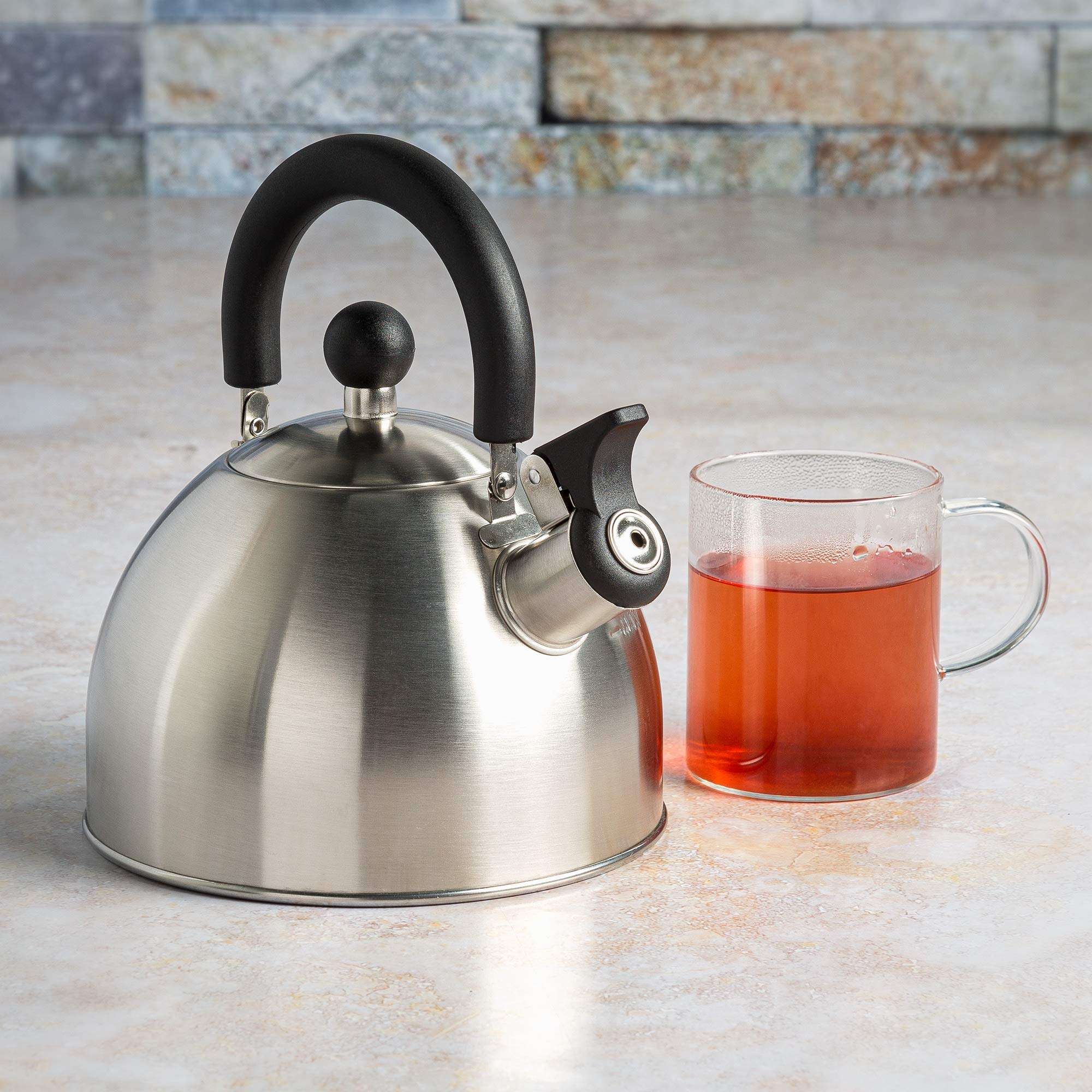 Primula Stewart Whistling Stovetop Tea Kettle Food Grade Stainless Steel, Hot Water Fast to Boil, Cool Touch Folding, 1.5-Quart, Brushed with Black Handle - Image 2