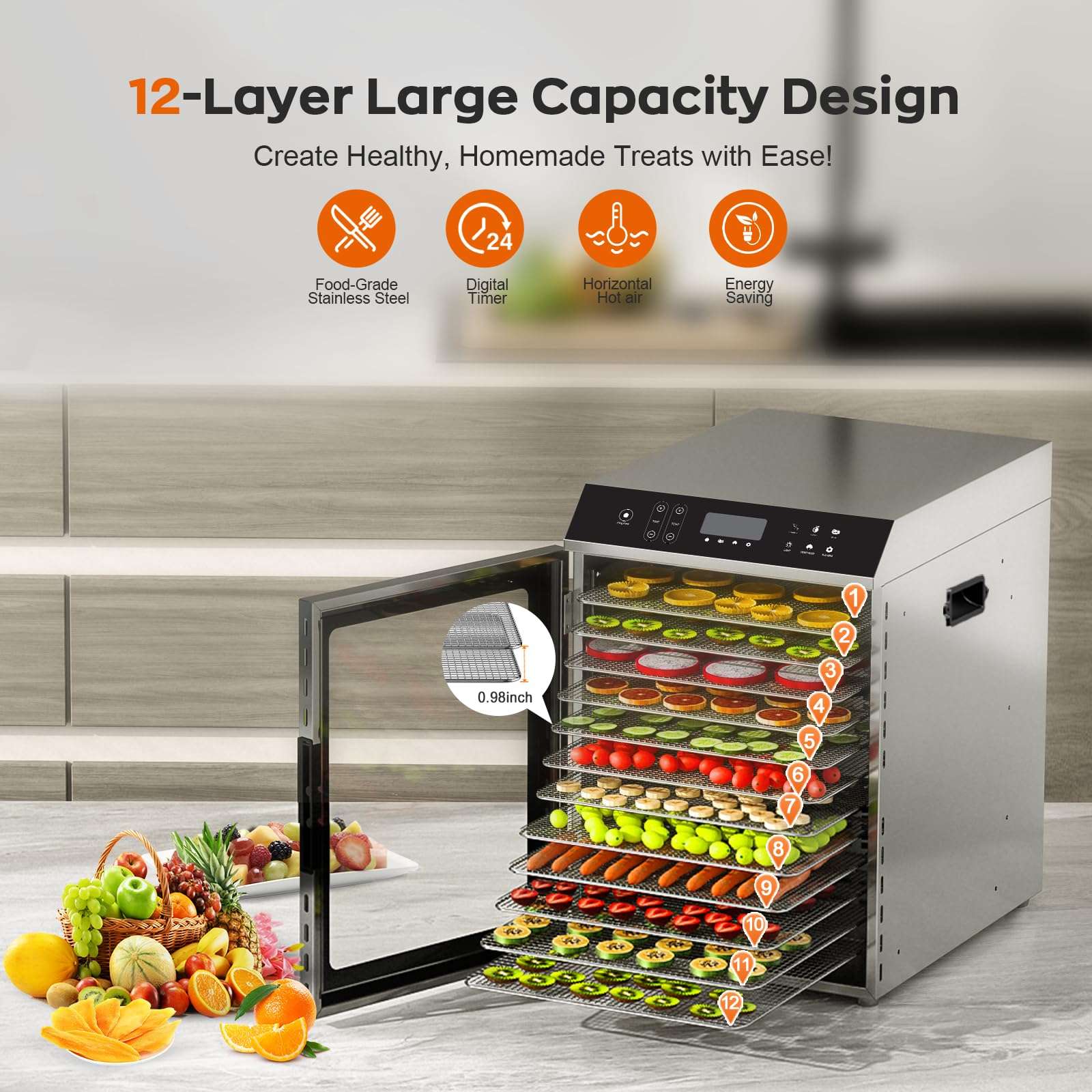 Food Dehydrator for Jerky, 12-Trays Stainless Steel, 850W Electric Dehydrator Machine with 10 Presets, Adjustable Timer, Temperature Control, Digital Food Dryer for Herb, Dog Treats,Meats & Veggies - Image 4