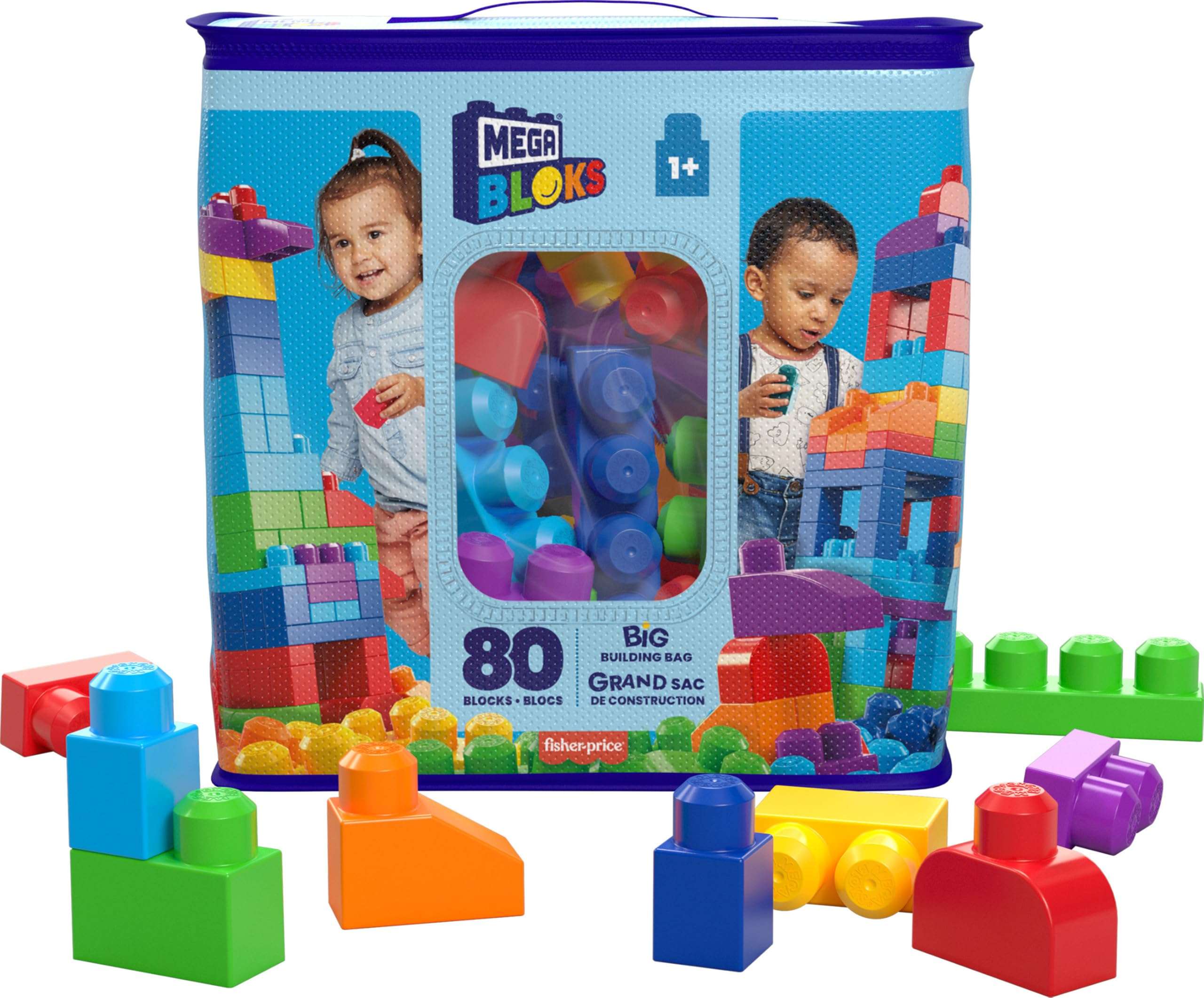MEGA BLOKS First Builders Toddler Blocks Toys Set, Big Building Bag with 80 Pieces and Storage, Blue, Ages 1+ Years - Image 1