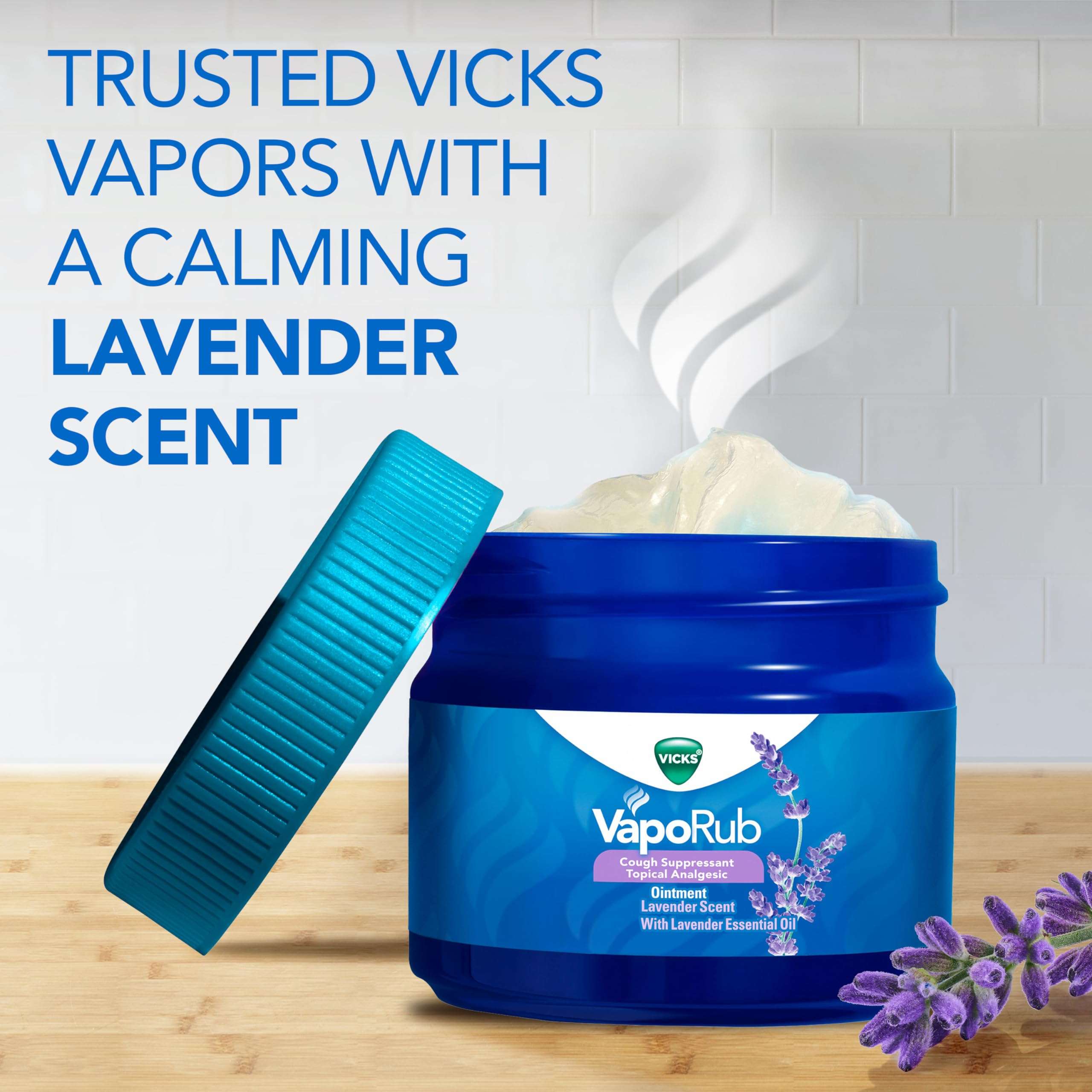 Vicks VapoRub, Lavender Scent, Cough Suppressant, Topical Chest Rub & Analgesic Ointment, Medicated Vicks Vapors, Relief from Cough Due to Cold, Aches & Pains, 1.76oz - Image 2