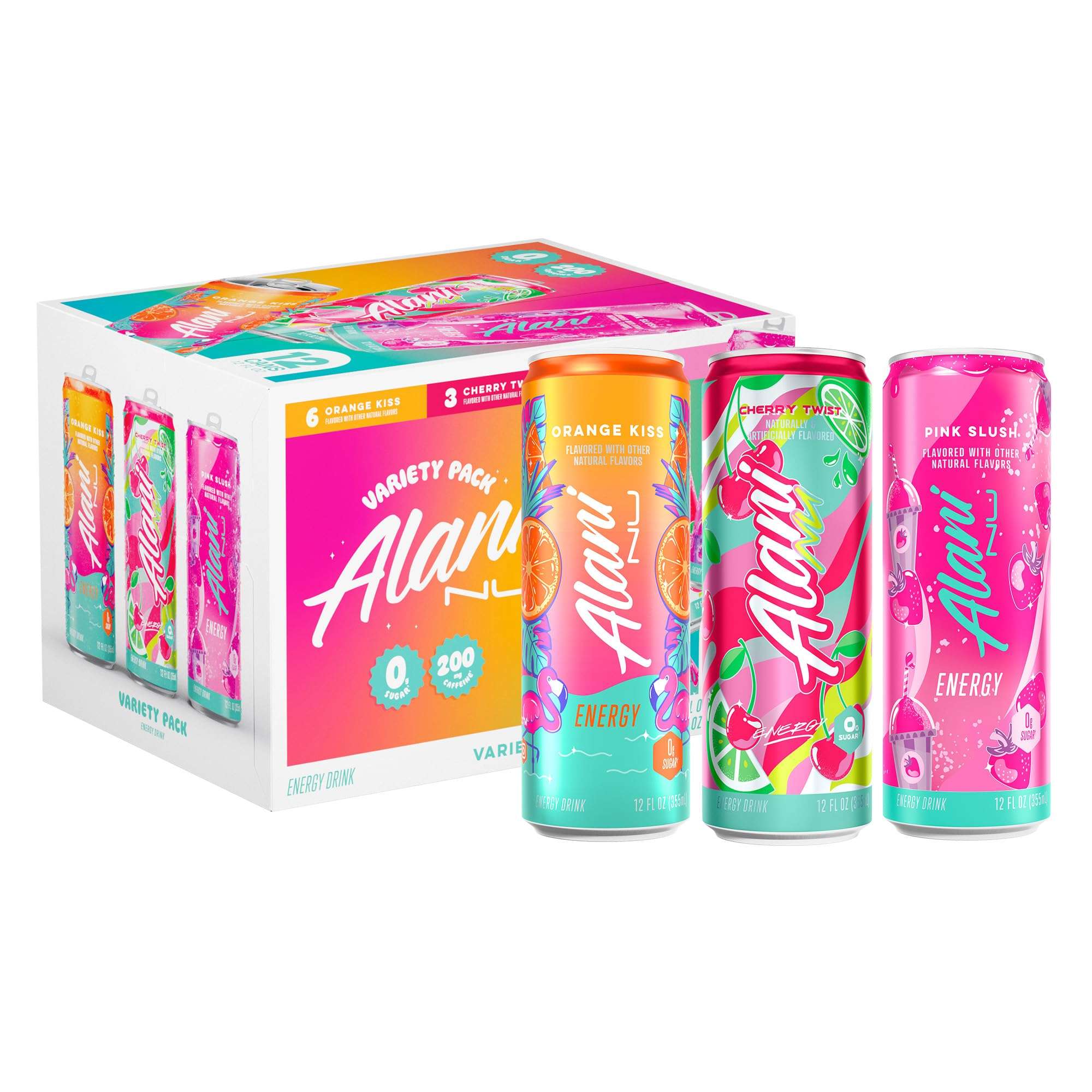 Alani Nu VARIETY PACK CHERRY TWIST, PINK SLUSH, ORANGE KISS Sugar Free, Low Calorie Energy Drinks, 200mg Caffeine, Biotin B Vitamins, Zero Sugar, 10 Calories, 12 Fl Oz Cans, 12 Pack - Image 1