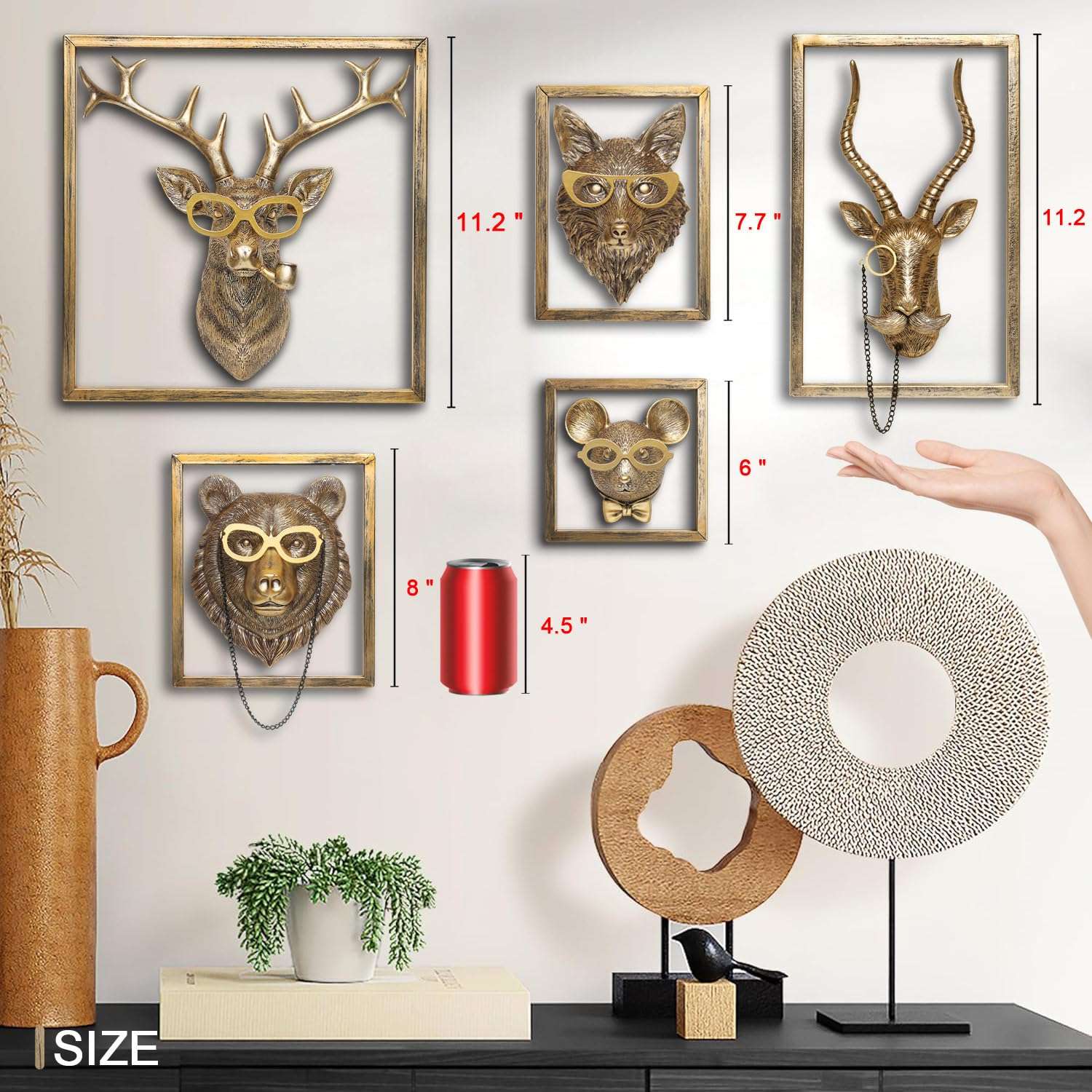Animal Heads Wall Decor (5pcs, Includes Metal Frame) Resin Animals Sculptures Head Wall Hanging Decoration Gold vintage Wall Sculpture for Living Room Bedroom Office - Image 5