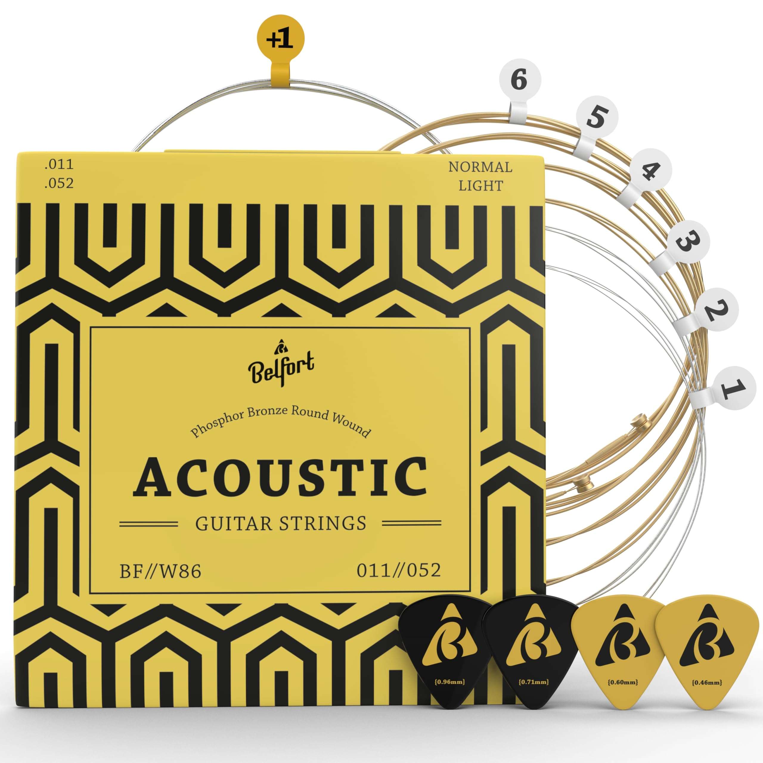 BELFORT® quality acoustic guitar strings - 6 string set - Premium coating with Phosphor Bronze (guitar strings acoustic 6 string set) BONUS: 4 Picks + 1 High E String - cuerdas para guitarra acustica - Image 1
