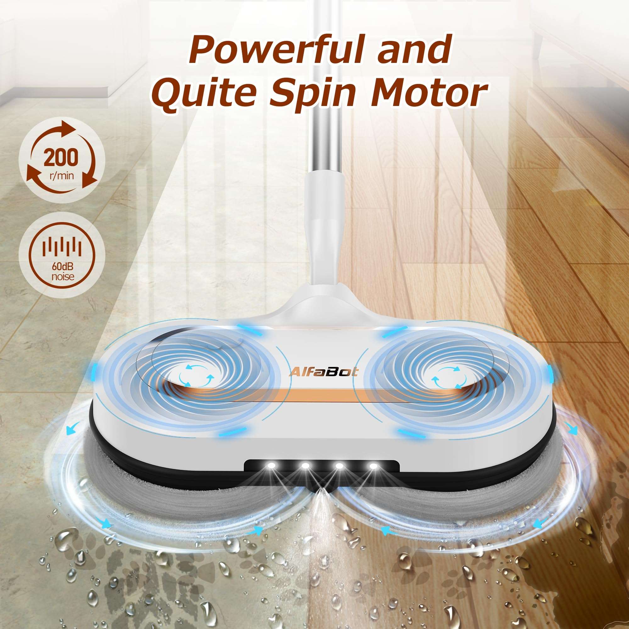 Electric Mop, AlfaBot S2 Cordless Spin Mop for Floor Cleaning, with LED Headlight and Sprayer/400ML Big Tank/60 Mins Runtime, Lightweight Floor Scrubber for Hardwood Floors, Tile, Laminate - Image 2