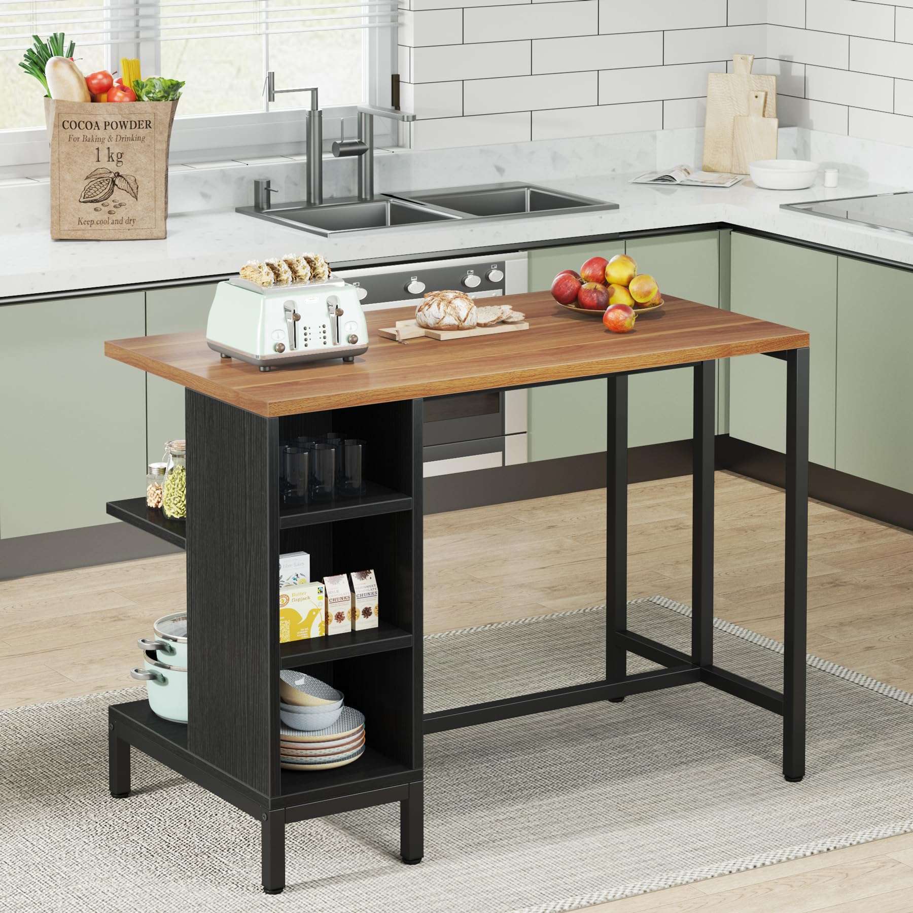 Tribesigns Kitchen Island, Kitchen Shelf Bar Table with 5 Open Storage Shelves and Large Worktop, Industrial Butcher Block Island (Stools Not Included) - Image 8