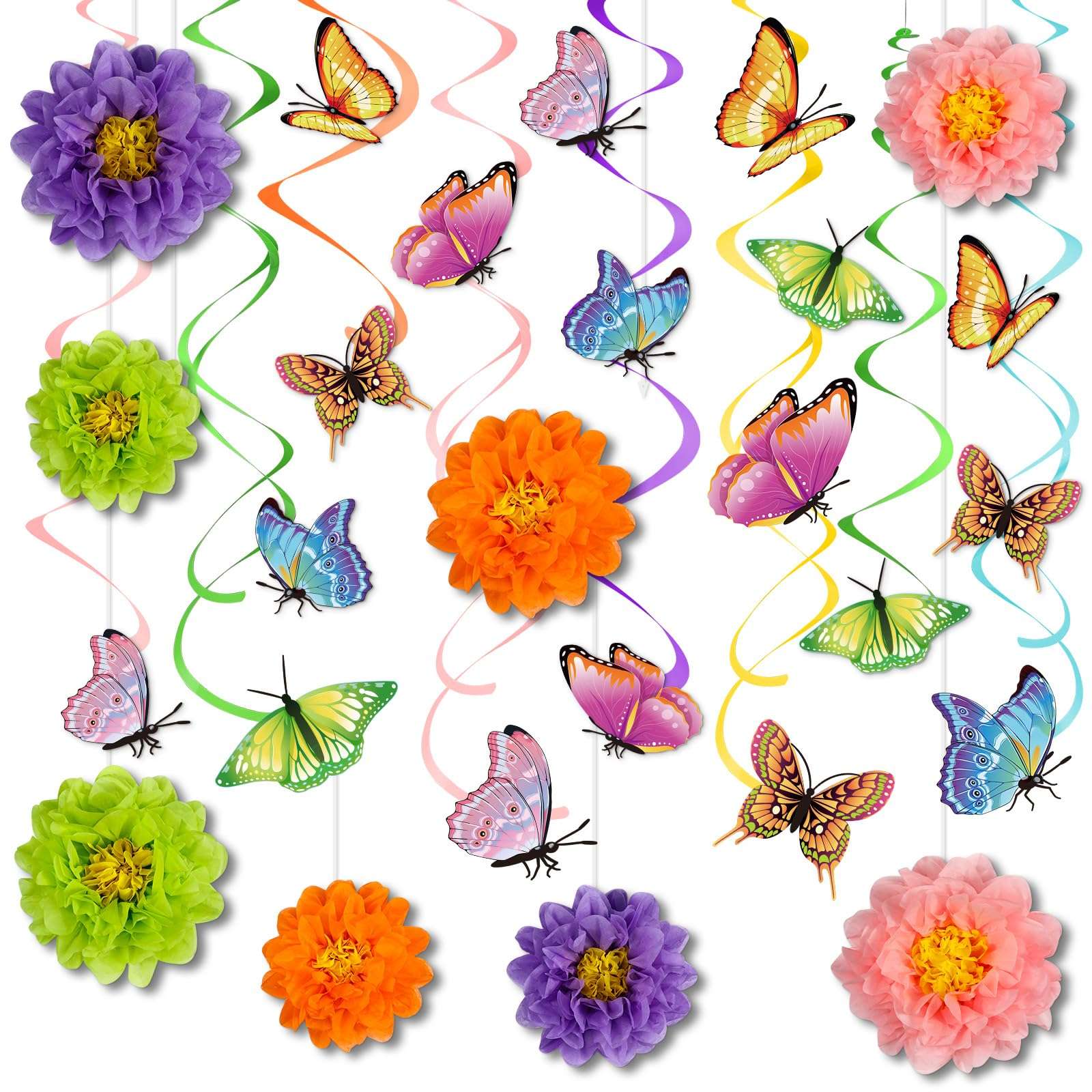 Pasimy 62 Pcs Spring 3D Flower Butterfly Hanging Swirls Decorations Butterfly Cutouts with Floral Paper Ball Colorful Ceiling Streamers for Birthday Summer Easter Party Baby Shower Wedding Home - Image 1