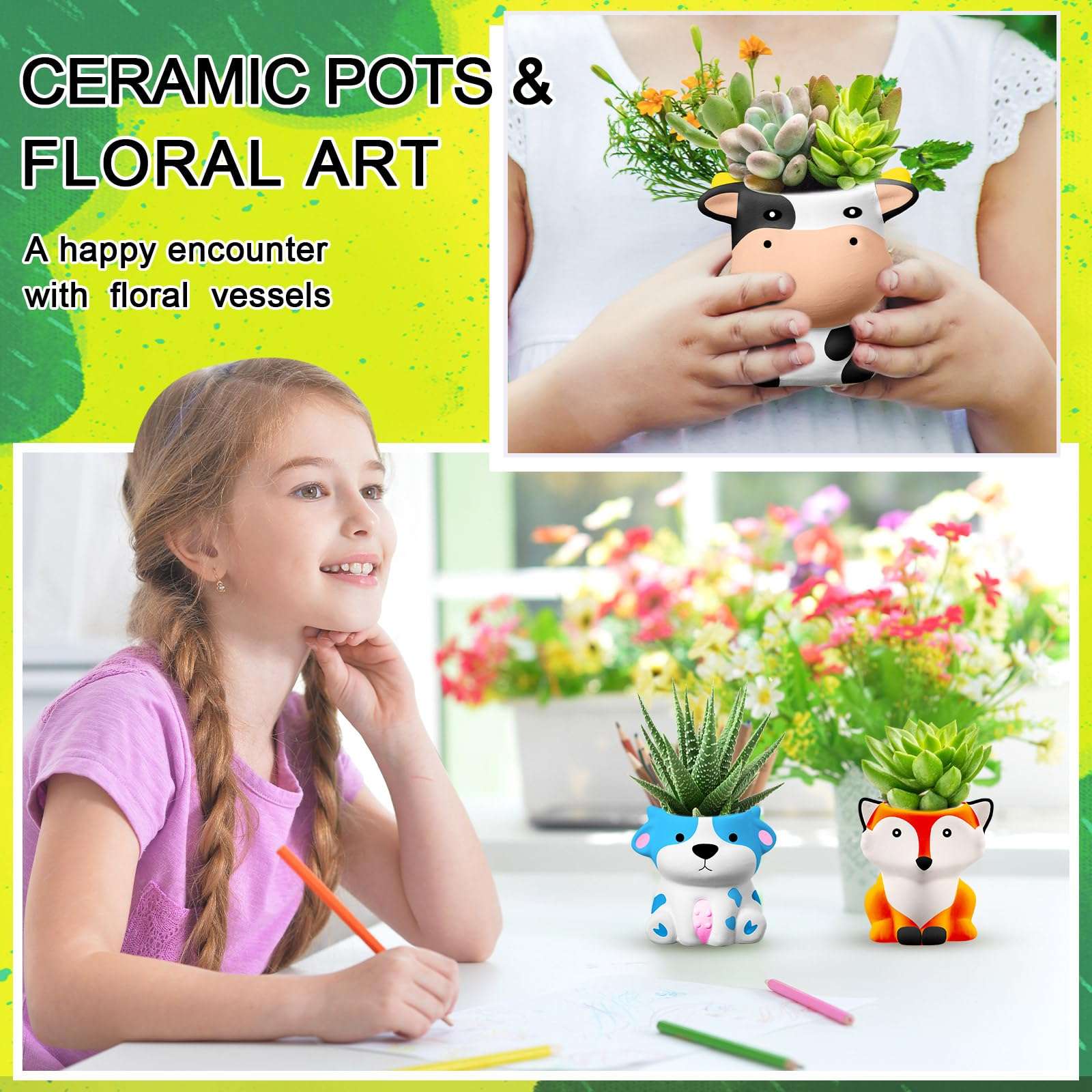 Hushee 12 Sets DIY Ceramic Succulent Pots Ready to Paint Animal Planters Unpainted Plant Flower Pots Bulk with Drainage Hole and Bisque Paint for Kids Adults Craft Christmas - Image 5