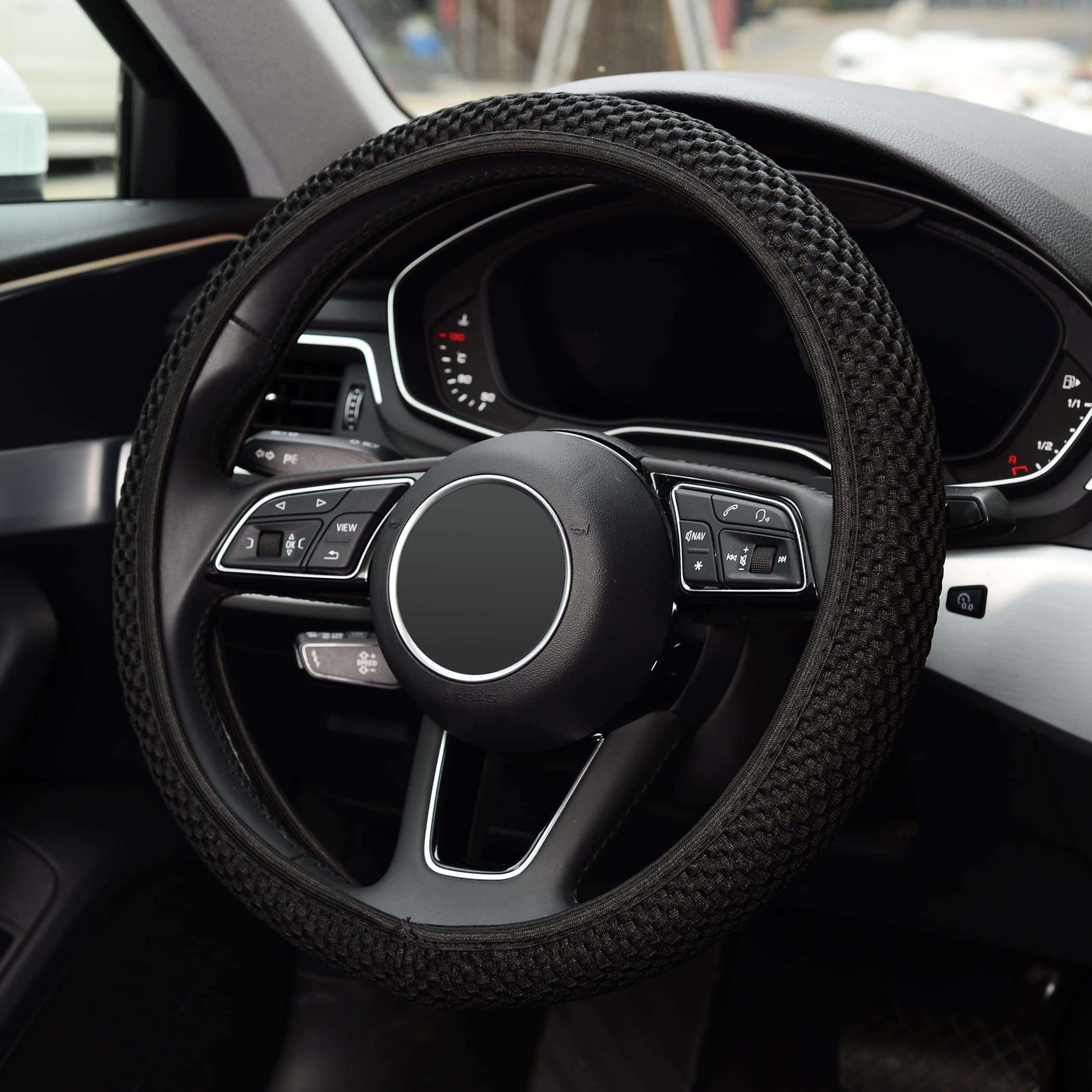 KAFEEK Elastic Stretch Steering Wheel Cover,Warm in Winter and Cool in Summer, Universal 15 inch, Microfiber Breathable Ice Silk, Anti-Slip, Odorless, Easy Carry,Black - Image 3