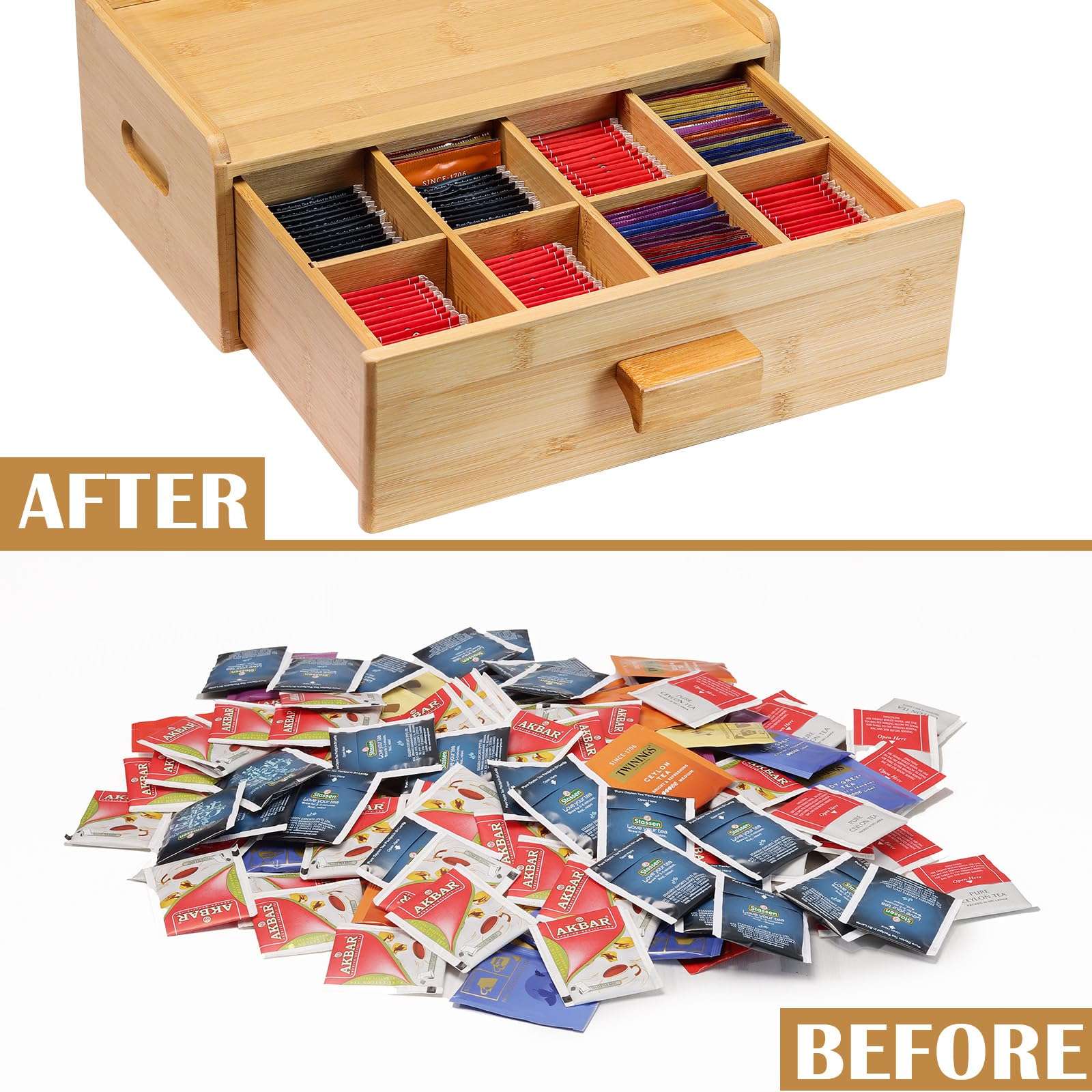 MOCAS Bamboo Tea Bag Organizer, Slide Drawer Storage Box with 8 Compartments, Eco-Friendly Countertop Holder Display for Teabags, Tea Station Chest, Organizador De Te - Image 6