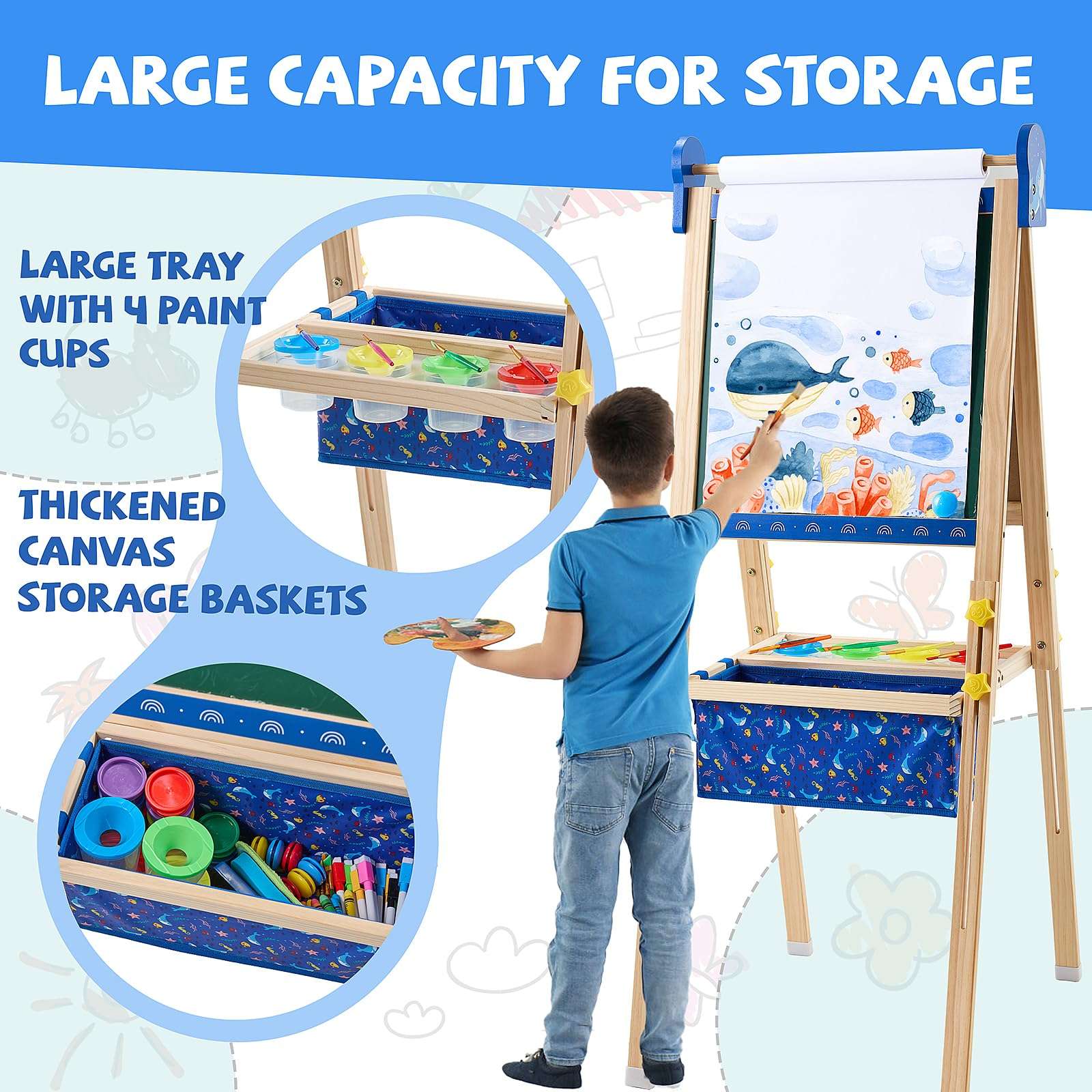 Art Easel for Kids Easels for Toddlers, Double-Sided Adjustable Magnetic Chalkboard Whiteboard, Wooden Painting Easel with Paper Roll, Foldable Standing Drawing Easel for Toddlers Boys Girls Ages 3-12 - Image 5