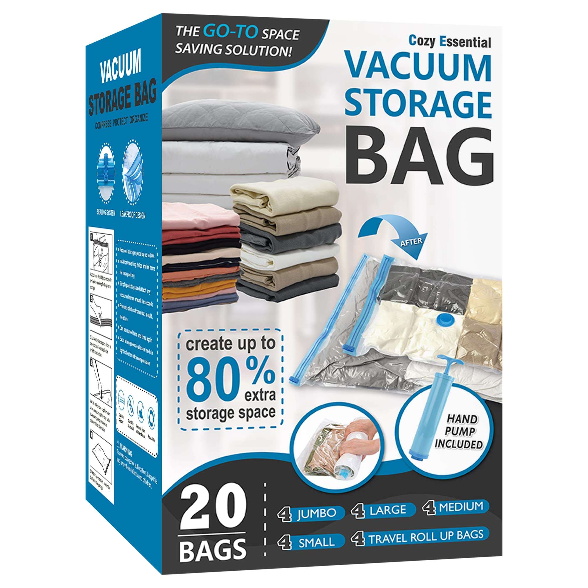20 Pack Vacuum Storage Bags, Space Saver Bags (4 Jumbo/4 Large/4 Medium/4 Small/4 Roll) Compression for Comforters and Blankets, Sealer Clothes Storage, Hand Pump Included - Image 1