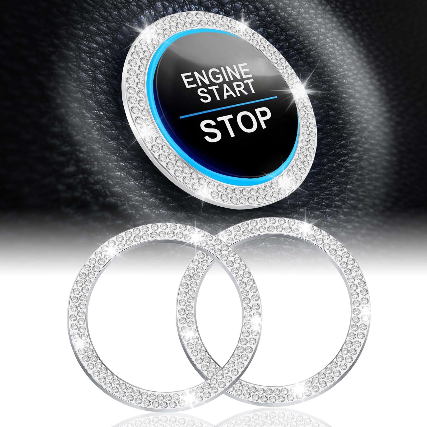 LivTee 2 PCS Crystal Double Rhinestone Car Engine Start Stop Decoration Ring, Bling Car Interior Accessories for Women, Push to Start Button Cover Sticker, Automotive Decals, White - Image 1