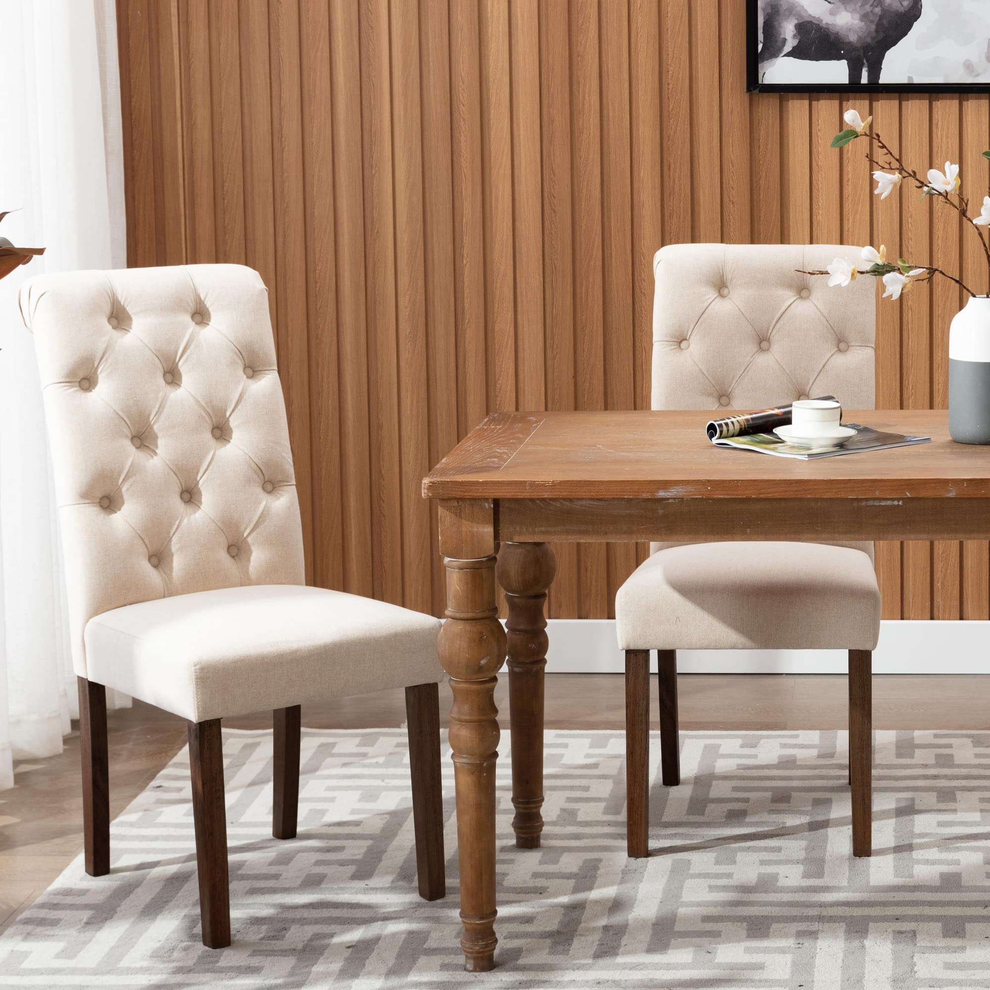 COLAMY Button Tufted Dining Chairs Set of 6, Accent Parsons Diner Chair Upholstered Fabric Dining Room Chairs Stylish Kitchen Chairs with Solid Wood Legs and Padded Seat - Dark Beige - Image 2