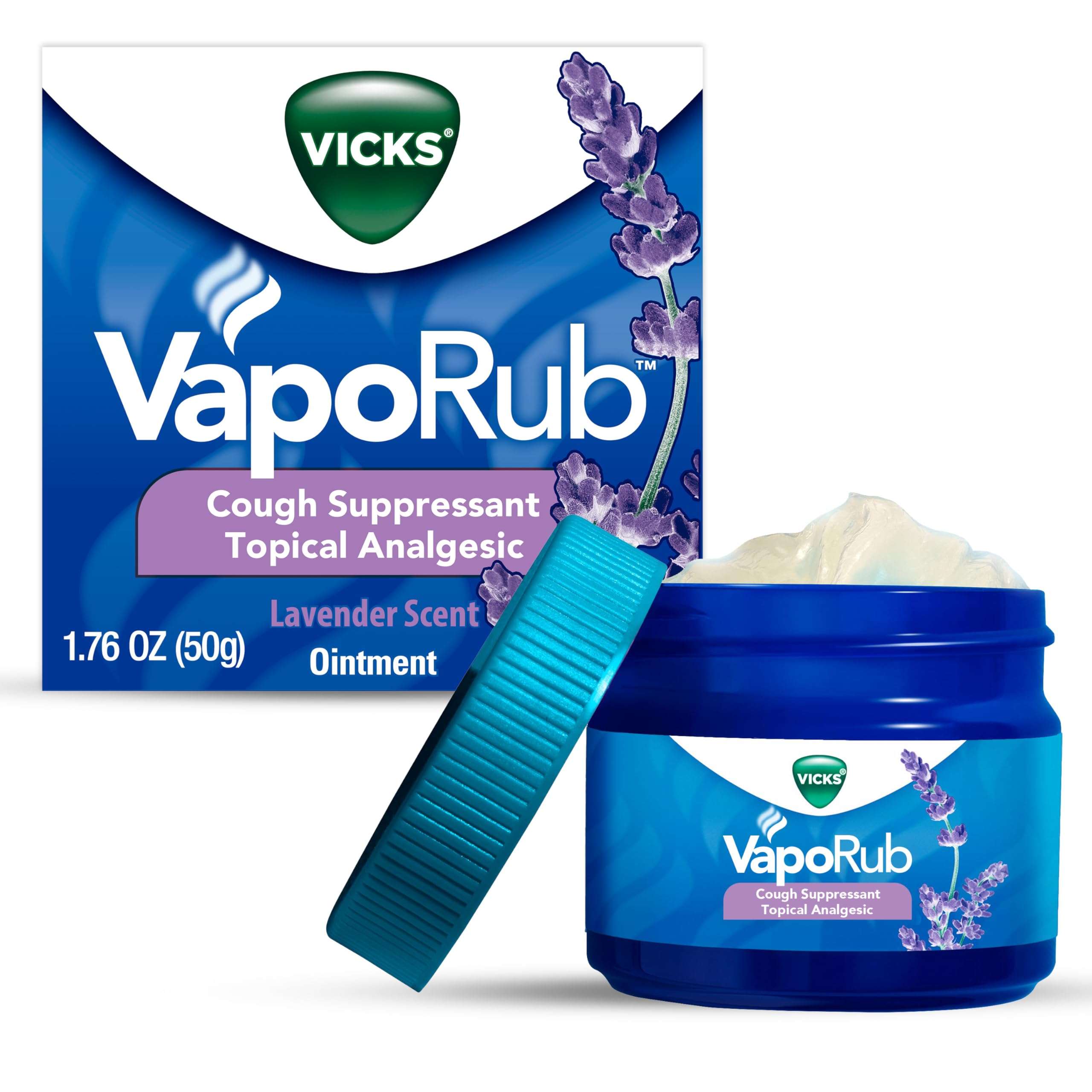 Vicks VapoRub, Lavender Scent, Cough Suppressant, Topical Chest Rub & Analgesic Ointment, Medicated Vicks Vapors, Relief from Cough Due to Cold, Aches & Pains, 1.76oz - Image 1