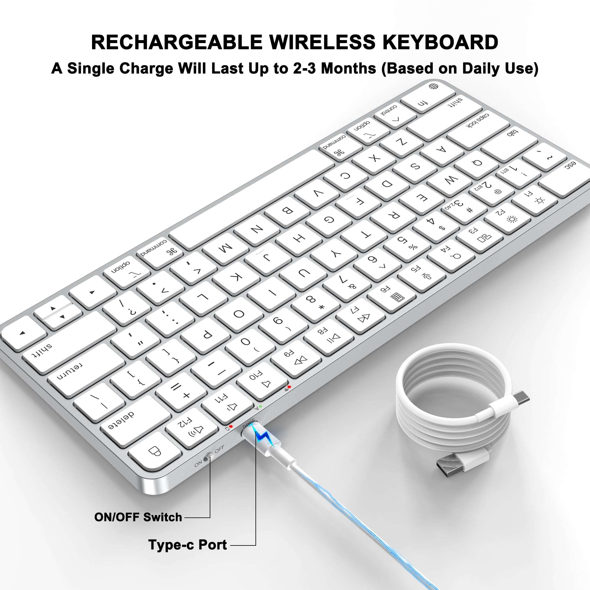 ULSOU Wireless Keyboard for Mac, Bluetooth/2.4G USB Dual-Channel Connection, Multi Device, Rechargeable Bluetooth Keyboard Compatible with Mac, iPad, iPhone - Image 3