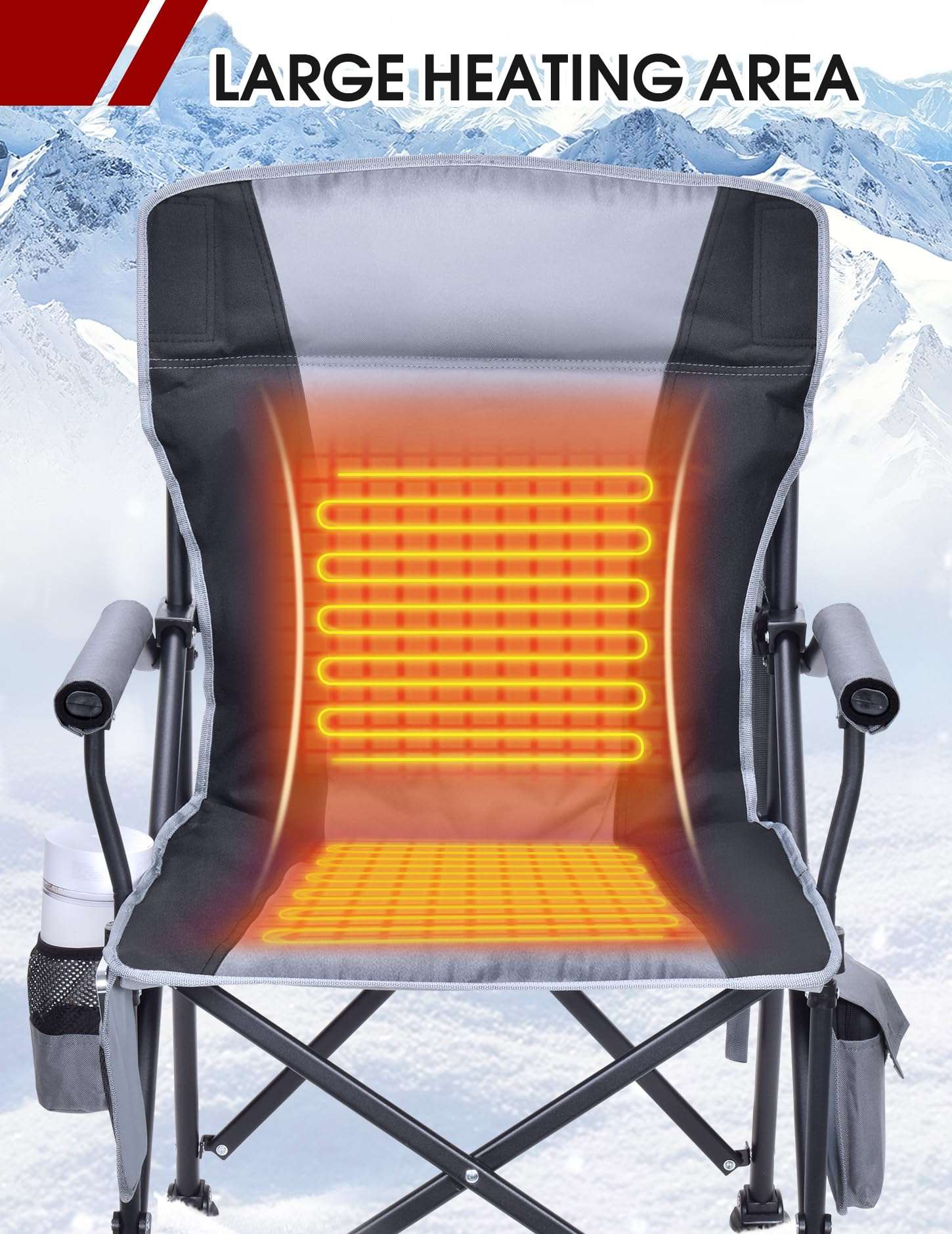 Docusvect Heated Camping Chair for Adults, Heats Back and Seat, 3 Heat Levels, Fully Padded Heated Folding Chair for Outdoor Sports with Cup Holder, Rich Pockets, Battery NOT Included - Image 3