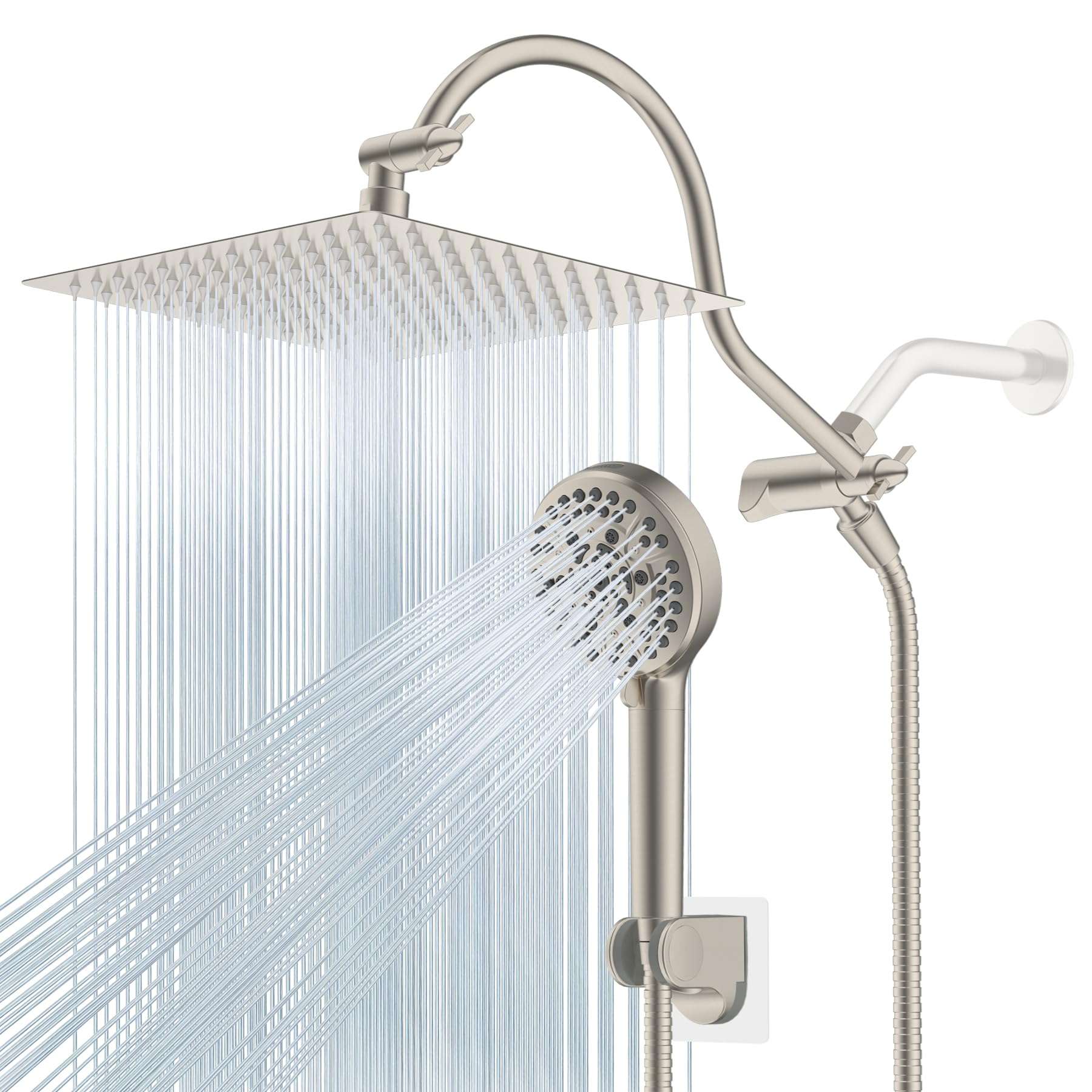 Hibbent 12'' All Metal Shower Head, High Pressure Rainfall Shower Head/Handheld Showerhead Combo/ 12'' Adjustable Curved Shower Extension Arm, 10-Spray, 71'' Adhesive Showerhead Holder, Brushed Nickel - Image 1