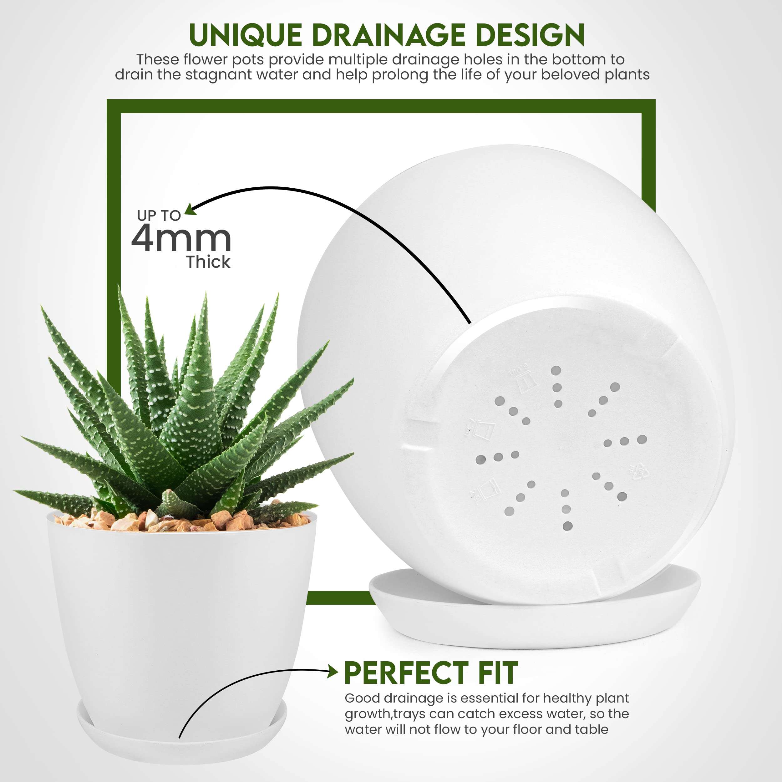 Utopia Home - Plant Pots Indoor with Drainage - 7/6.6/6/5.3/4.8 Inches Garden Flower Pots for Indoor Planter - 5 Pack White Plastic Planters - Ideal for Stocking Stuffers or Room, Office Home Decor - Image 4