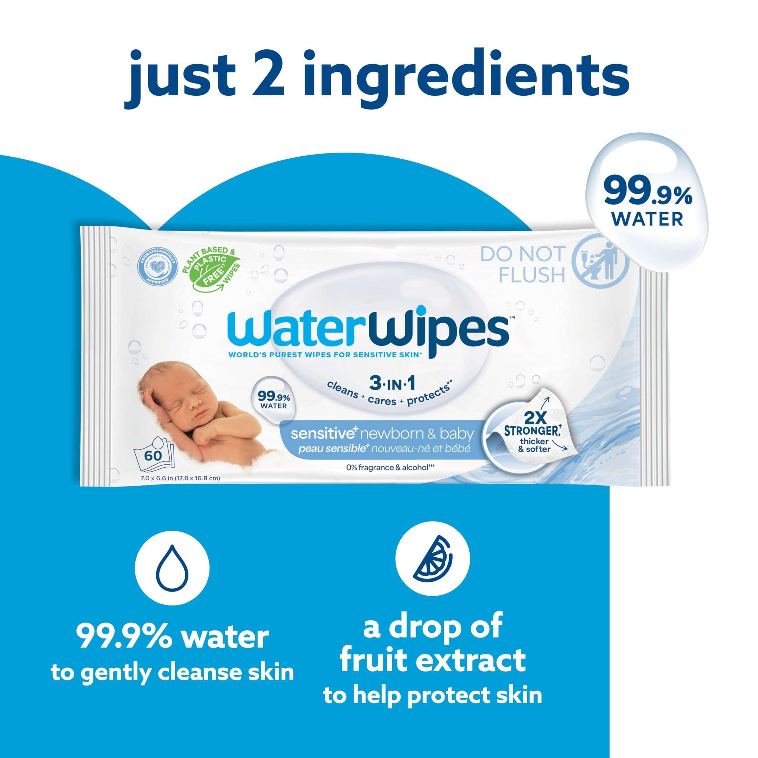 WaterWipes Sensitive+ Newborn & Baby Wipes, 3-In-1 Cleans, Cares, Protects, 99.9% Water, Unscented & Hypoallergenic, 720 Count (12 Packs) - Image 4