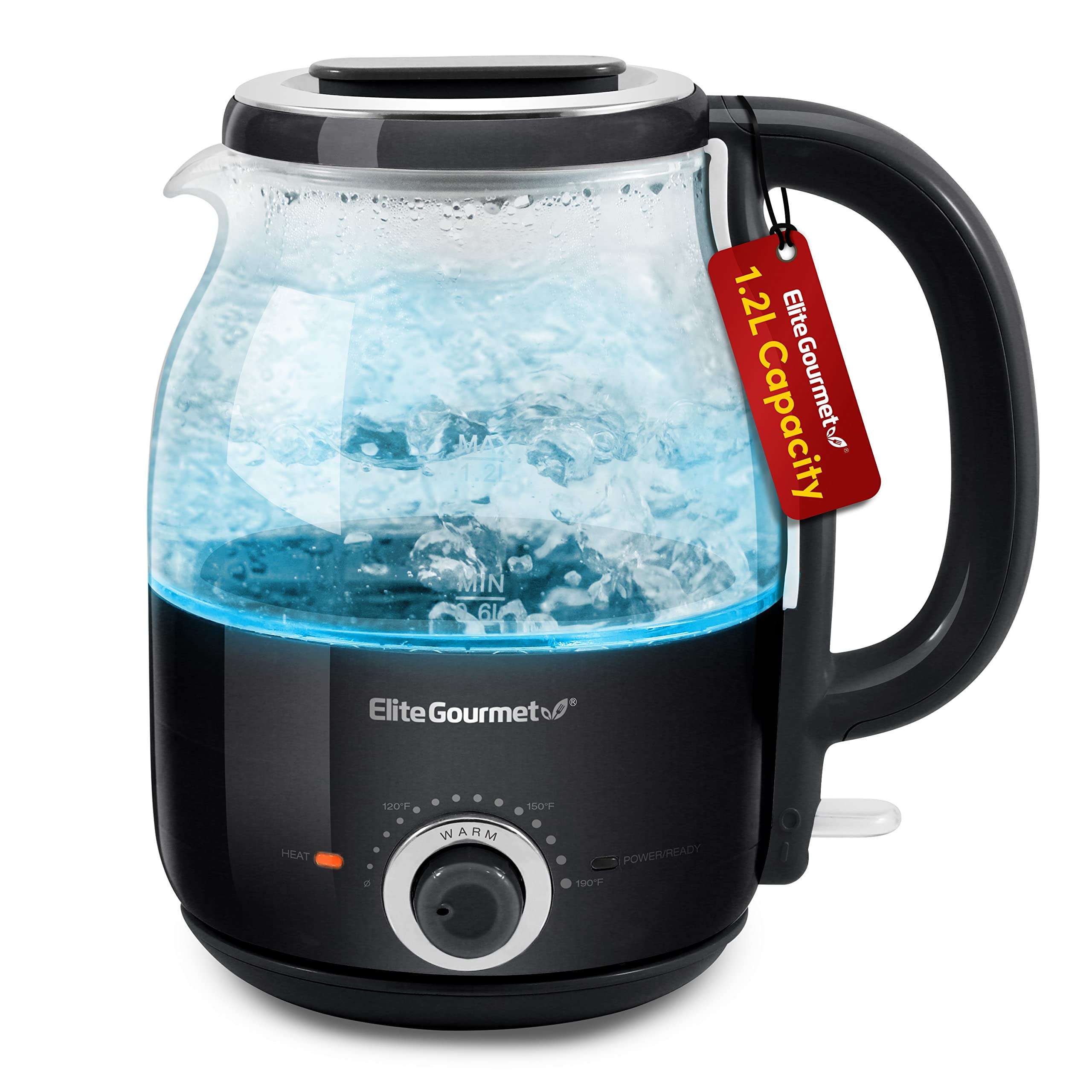 Elite Gourmet EKT1220B 1.2L Electric BPA-Free 1200W Glass Kettle, Temperature Dial Keep Warm Function, Cordless 360° Base, Blue LED Interior, Auto Shut-Off Function – Quick Boil, Black - Image 1