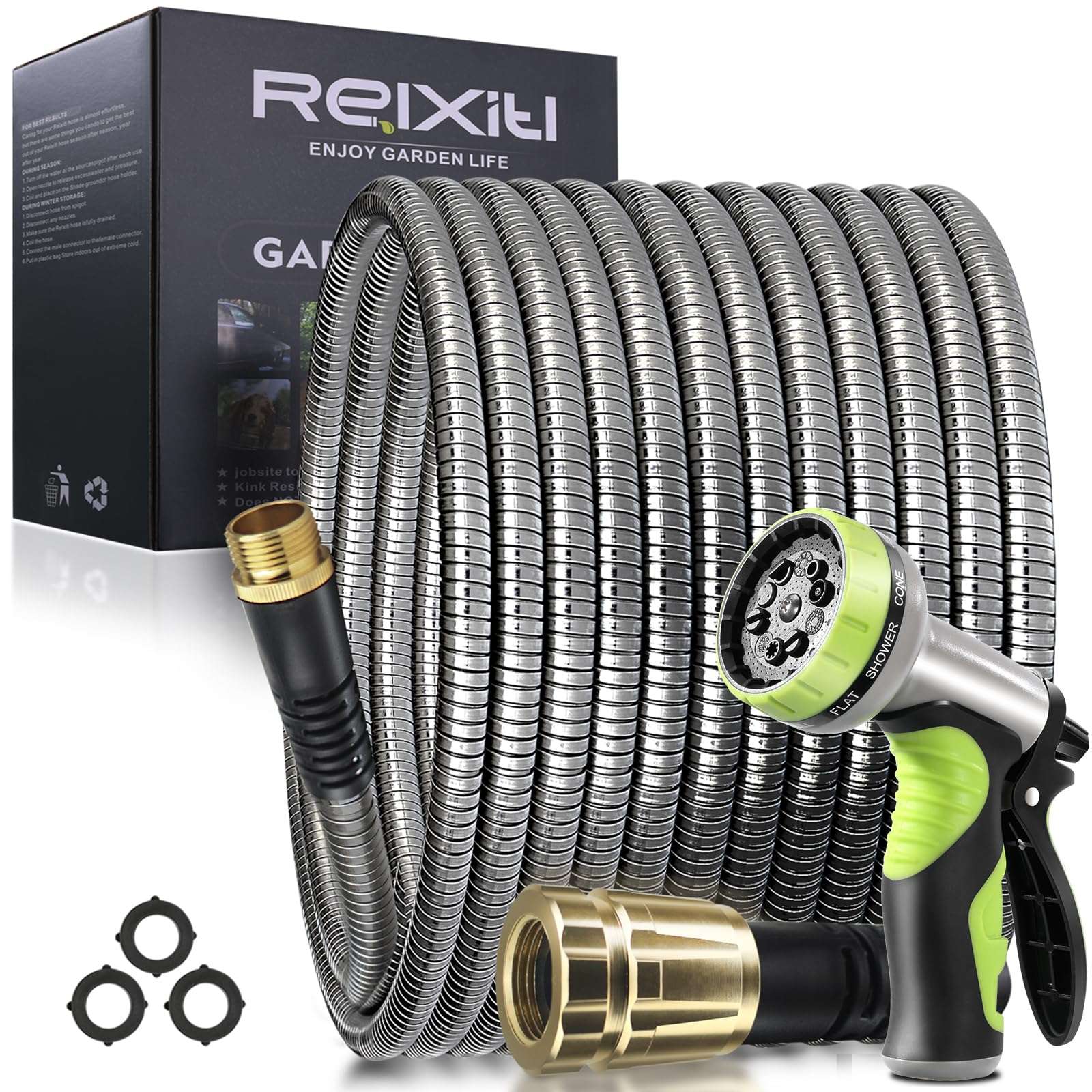 50FT Metal Garden Hose - Stainless Steel, Heavy Duty, Flexible & Lightweight, Never Kink and Tangle, with 10-Function Nozzle, Pressure Resistant for Outdoor Use (Yellow) - Image 1