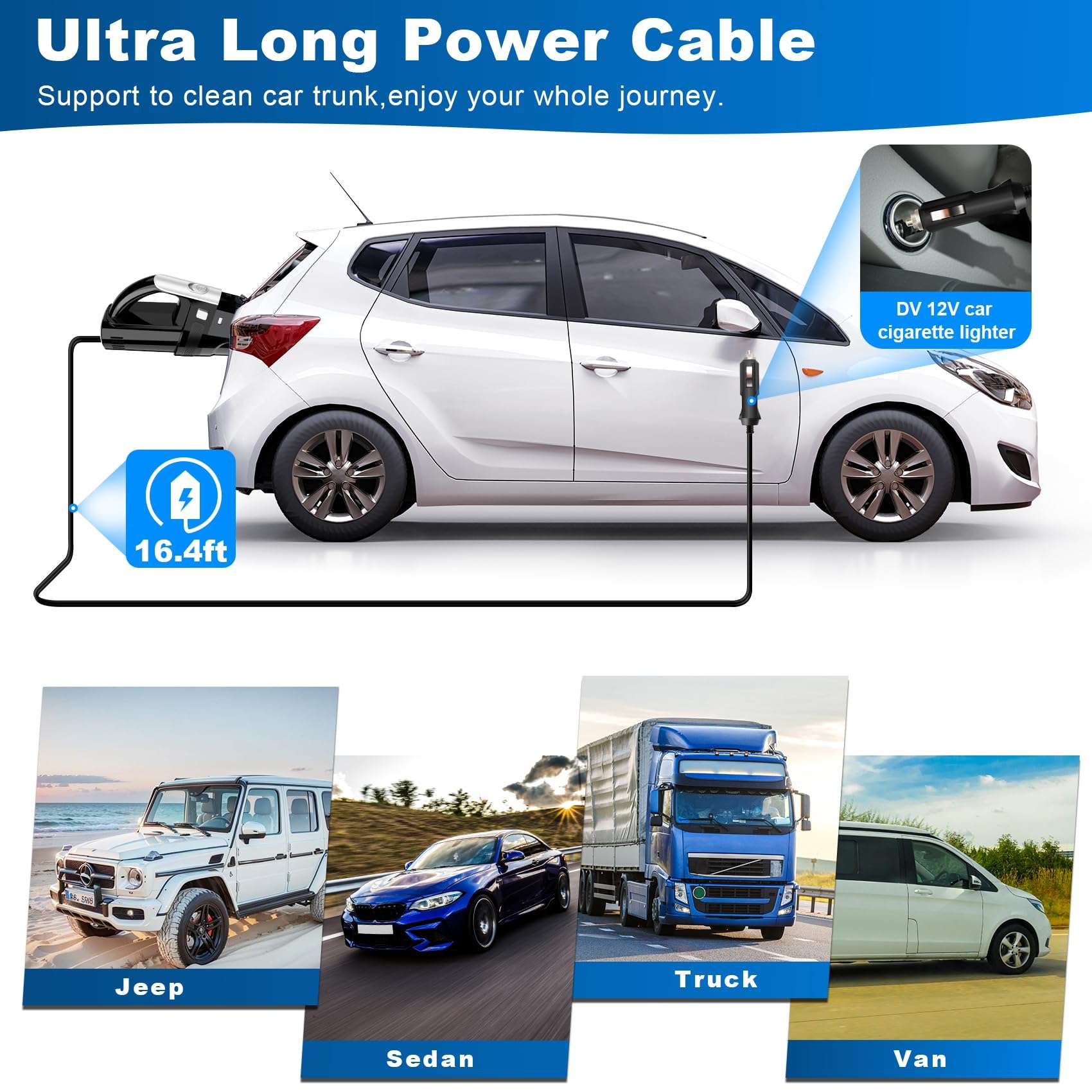 DRECELL Car Vacuum, Portable Vacuum Cleaner with Powerful 7000PA Suction, DC 12V Power 16.4Ft Cord Wired Vacuum Cleaner, LED Light, Car Accessories for Men/Women - Image 4