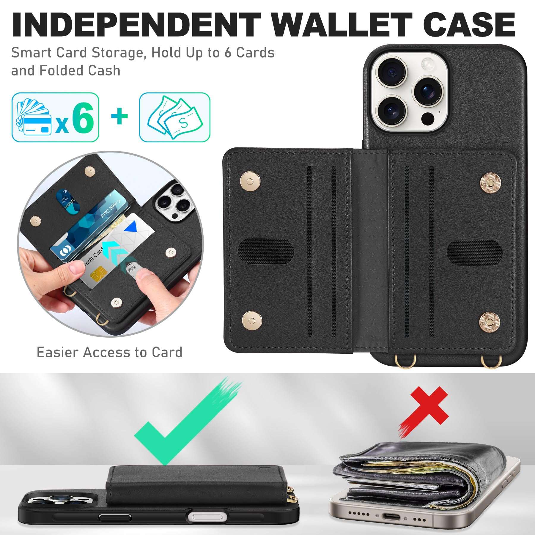 TUCCH Crossbody Wallet Case for iPhone 16 Pro Max (6.9"), RFID Blocking [6 Card Slots][Detachable Adjustable Lanyard], Magnetic Wallet PU Leather Shockproof Phone Cover for iPhone 16 Pro Max, Black - Image 4
