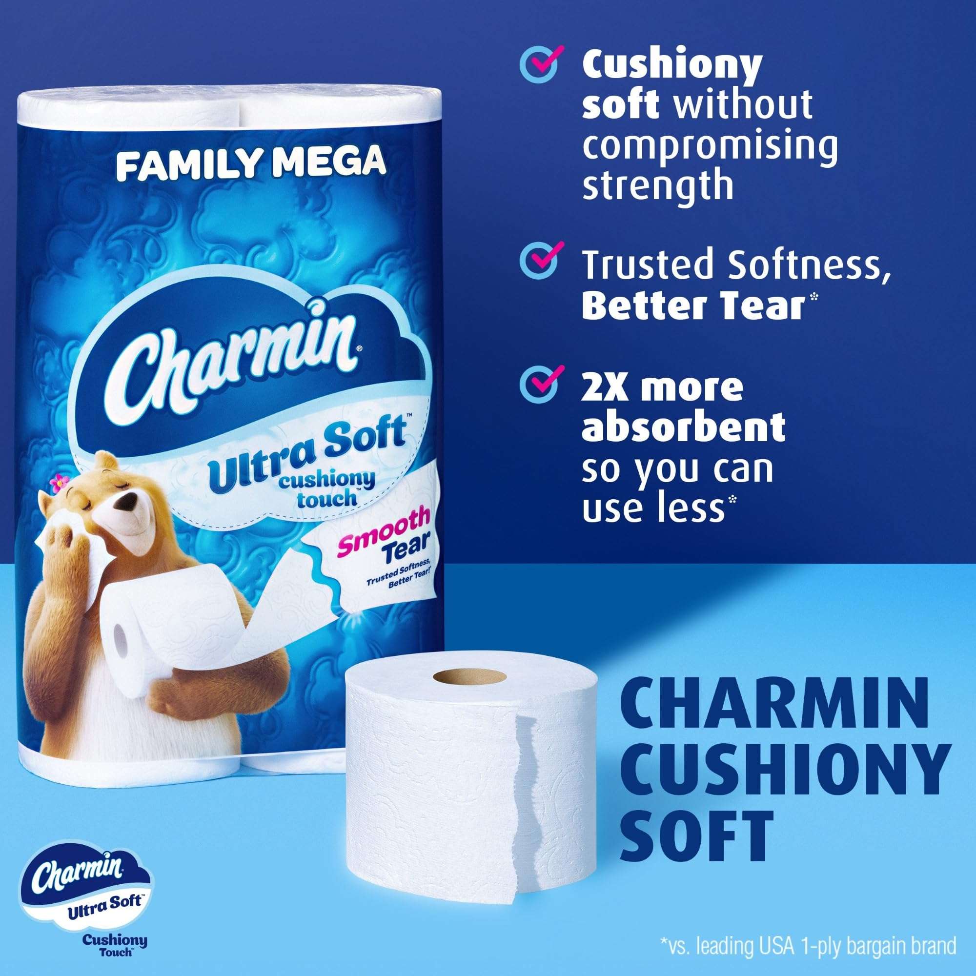 Charmin Ultra Soft Cushiony Touch Toilet Paper, 18 Family Mega Rolls = 90 Regular Rolls - Image 2