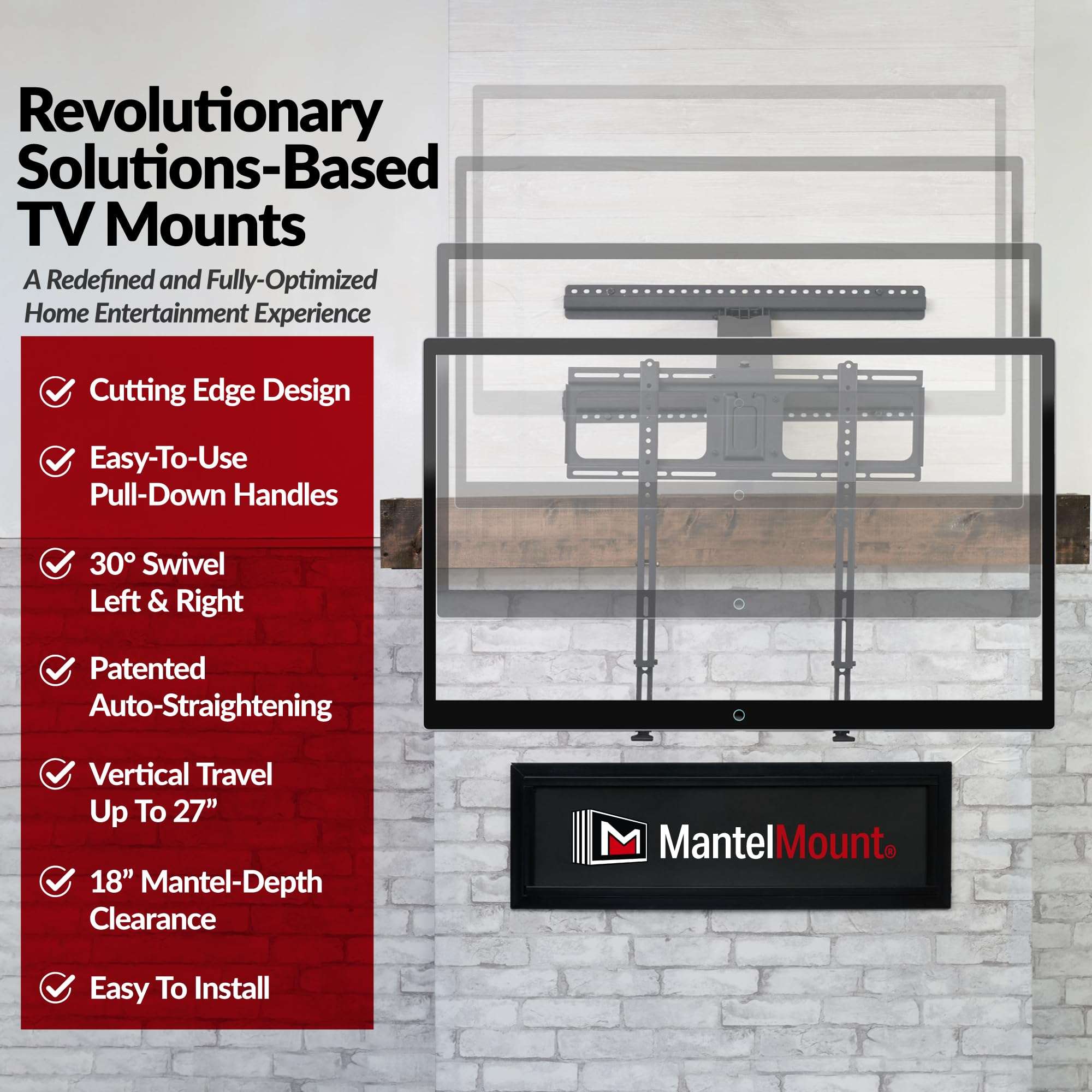MantelMount- MM340 Above Fireplace Pull Down TV Mount- Televisions 44" to 80" Up to 90 lbs - Safe Auto-Adjusting TV Mounts - Patented Motion Stops, Handles, Balancing Technology - Superior Steel - Image 6