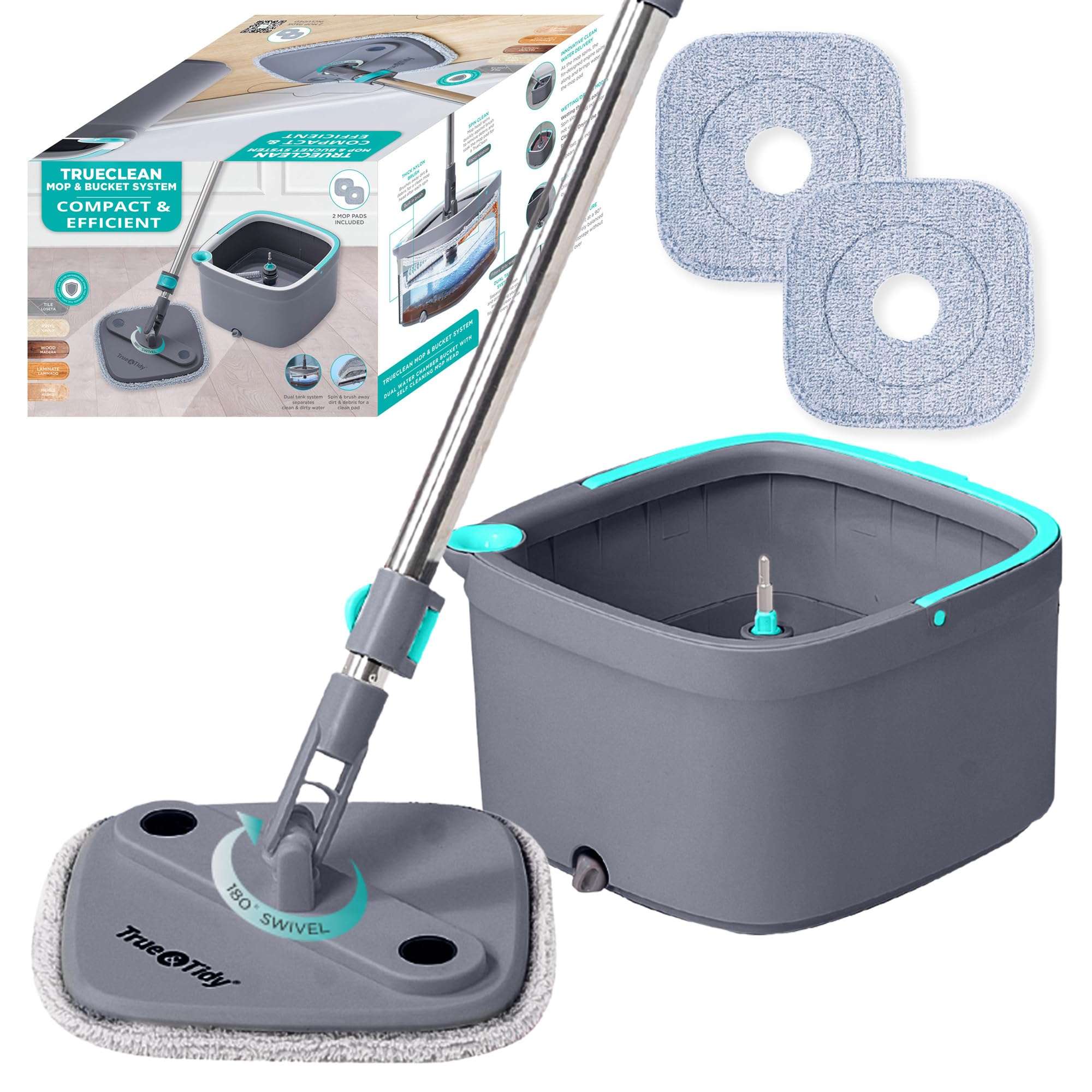 TRUE & TIDY Square Spin Mop & Bucket System – Dual Chamber for Clean & Dirty Water, 360° Rotating Self-Wringing Mop with Built-in Scrub Brush, Stainless Steel Handle & 2 Reusable Microfiber Mop Pads - Image 1