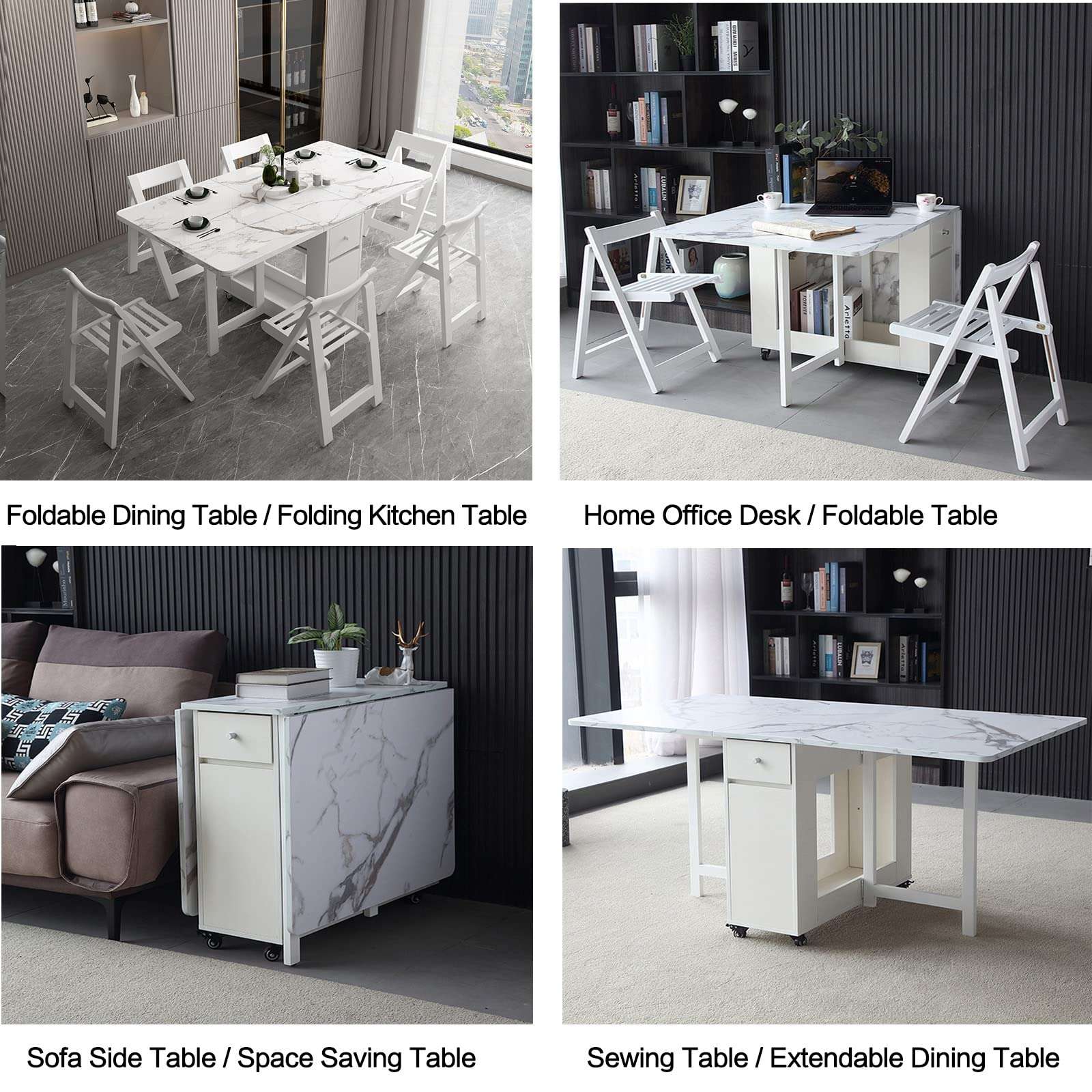 FUNROLUX Folding Dining Table with Rack and 2 Storage Drawers, Movable Extendable Space Saving Kitchen Table in 3 Forms (White) - Image 9