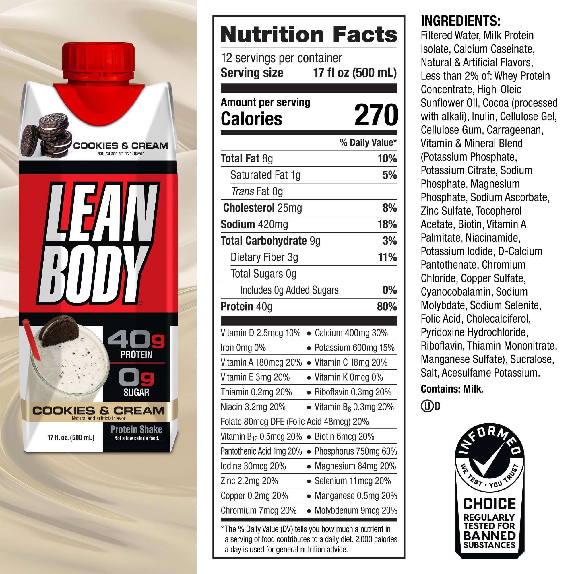 Lean Body Ready-to-Drink Cookies and Cream Protein Shake, 40g Protein, Whey Blend , 0 Sugar, Gluten No, 22 Vitamins & Minerals, (Recyclable Carton & Lid - Pack of 12) LABRADA , 17 Fl Oz (Pack of 12) - Image 6