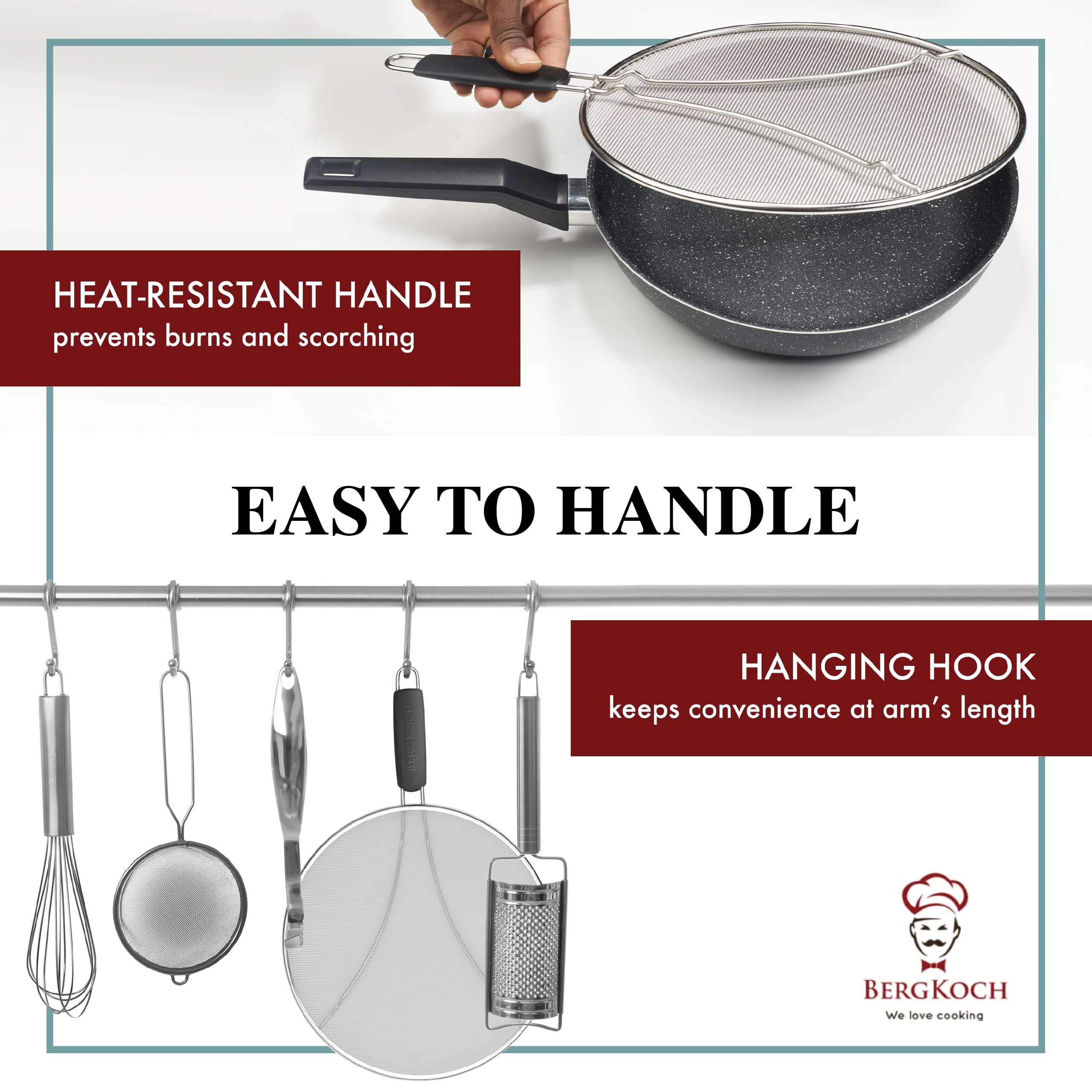 BergKoch Splatter Screen for Frying Pan - 13 Inch Stainless Steel Grease Splatter Guard - Cover Oil Splash when Sizzling Bacon, Cooking Fried Chicken or Popcorn - Image 7