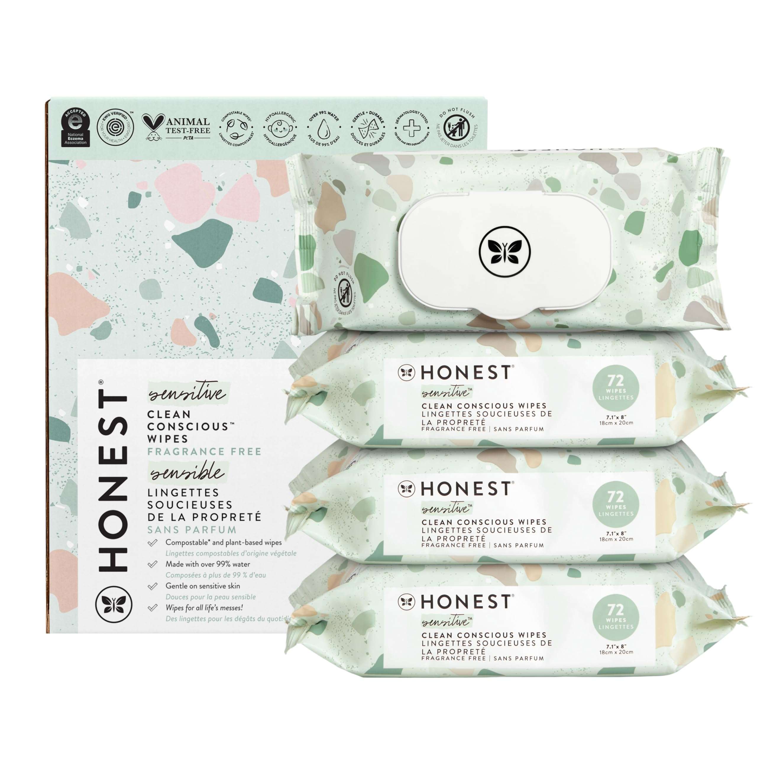 The Honest Company Clean Conscious Multi-Use Wipes | Hypoallergenic + Unscented for Sensitive Skin | Over 99% Water, Compostable, Plant Based, Baby Wipes | Geo Mood, 288 Count - Image 1