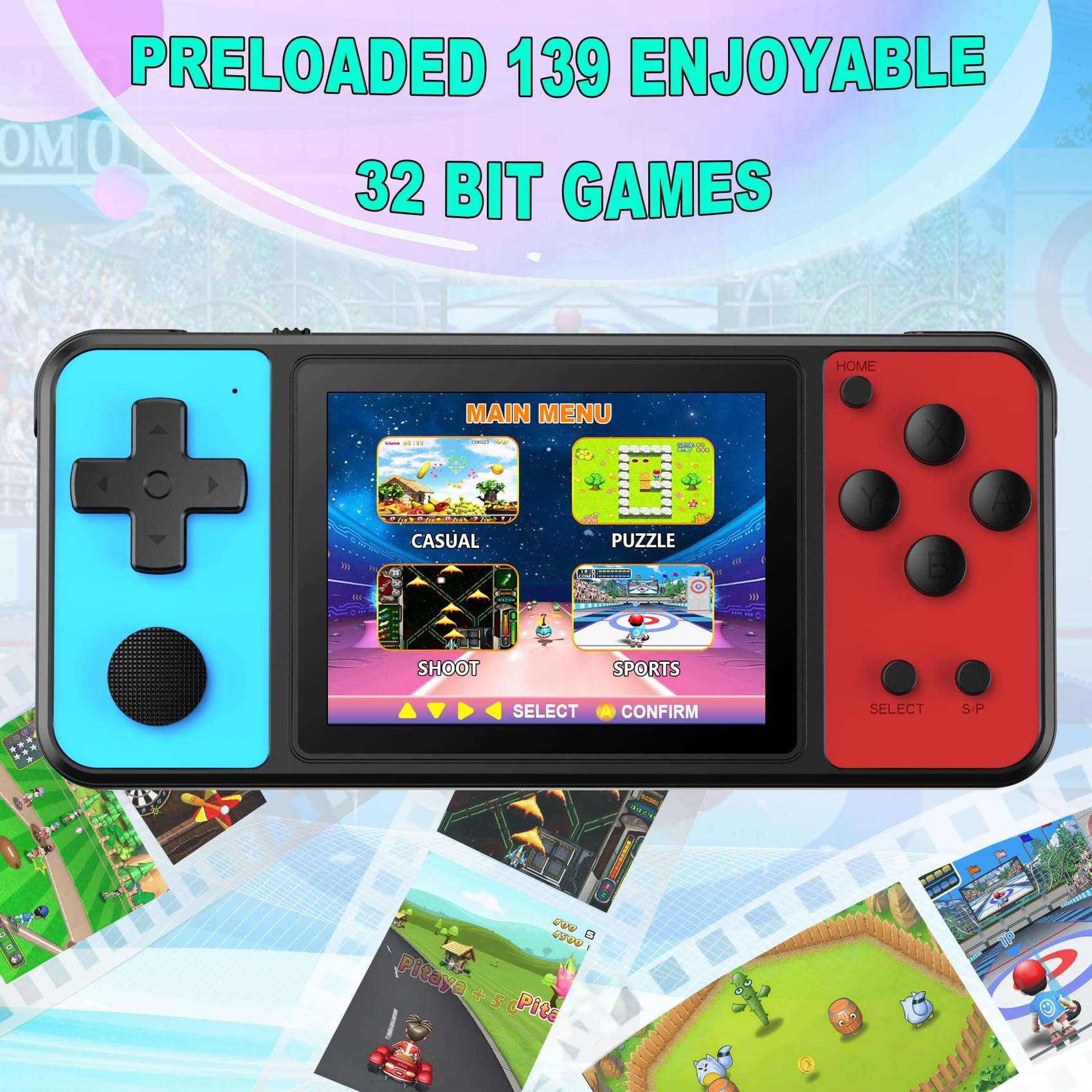 KAVOYI 32 Bit Handheld Games for Kids Built-in 139 Video Games,3.0" IPS Screen Rechargeable Portable Arcade Gaming Player,Electronic Toys for Boys Girls Birthday Xmas Gift Blue-Red - Image 2