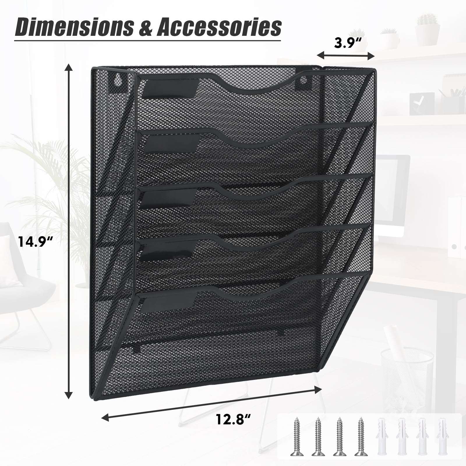 EASEPRES 5 Pocket Mesh Hanging Wall File Organizer, Wall Mounted Mail Paper Document Folder Holder, Clipboard Storage Organization Magazine Rack with Nametag Label for Office Home School, Black - Image 2