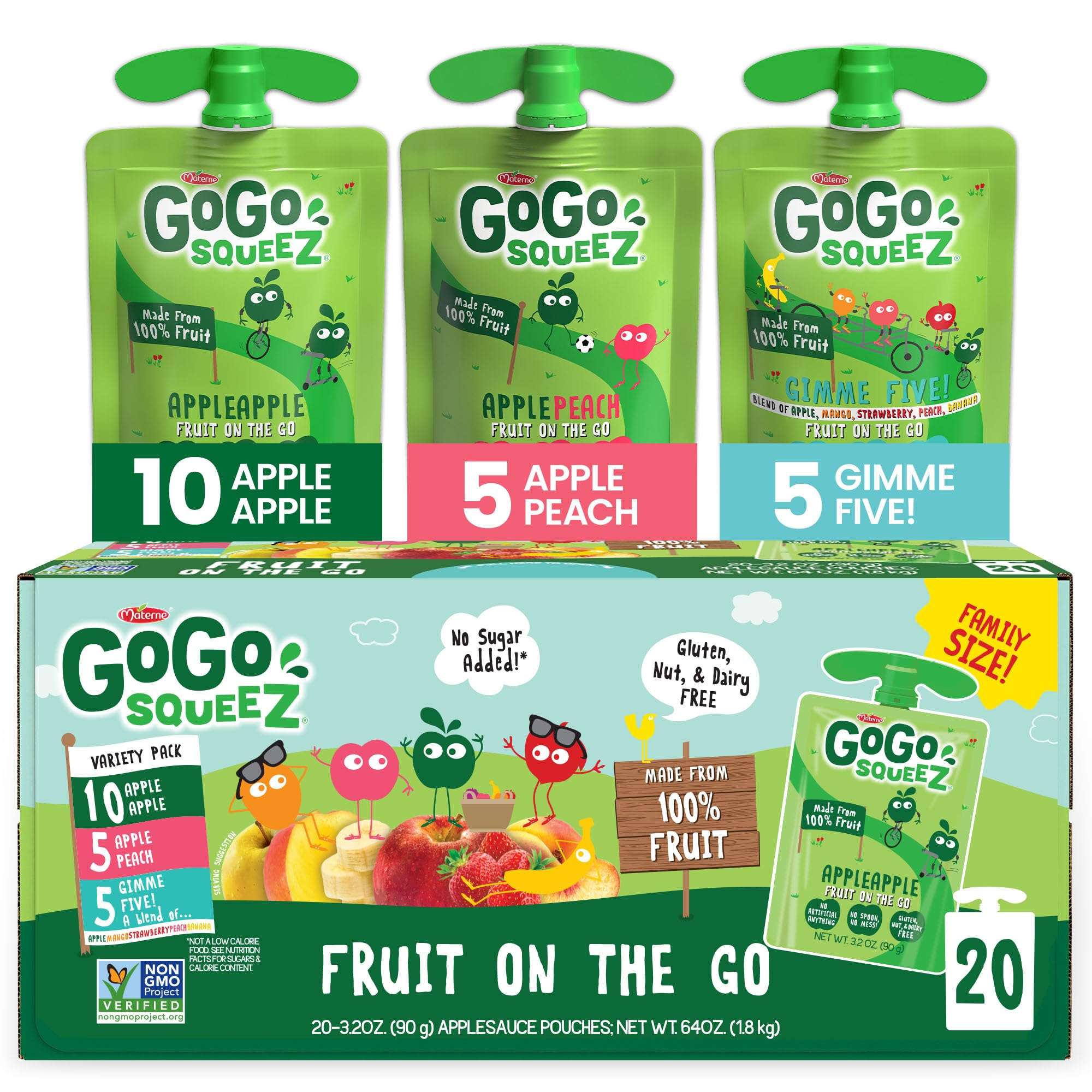 GoGo squeeZ Applesauce and Fruit Puree Variety Pack, Apple, Peach & Gimme Five!, 3.2 oz (Pack of 20), Unsweetened Fruit Snacks for Kids, Gluten Free, Nut Free and Dairy Free, BPA Free Pouches - Image 1