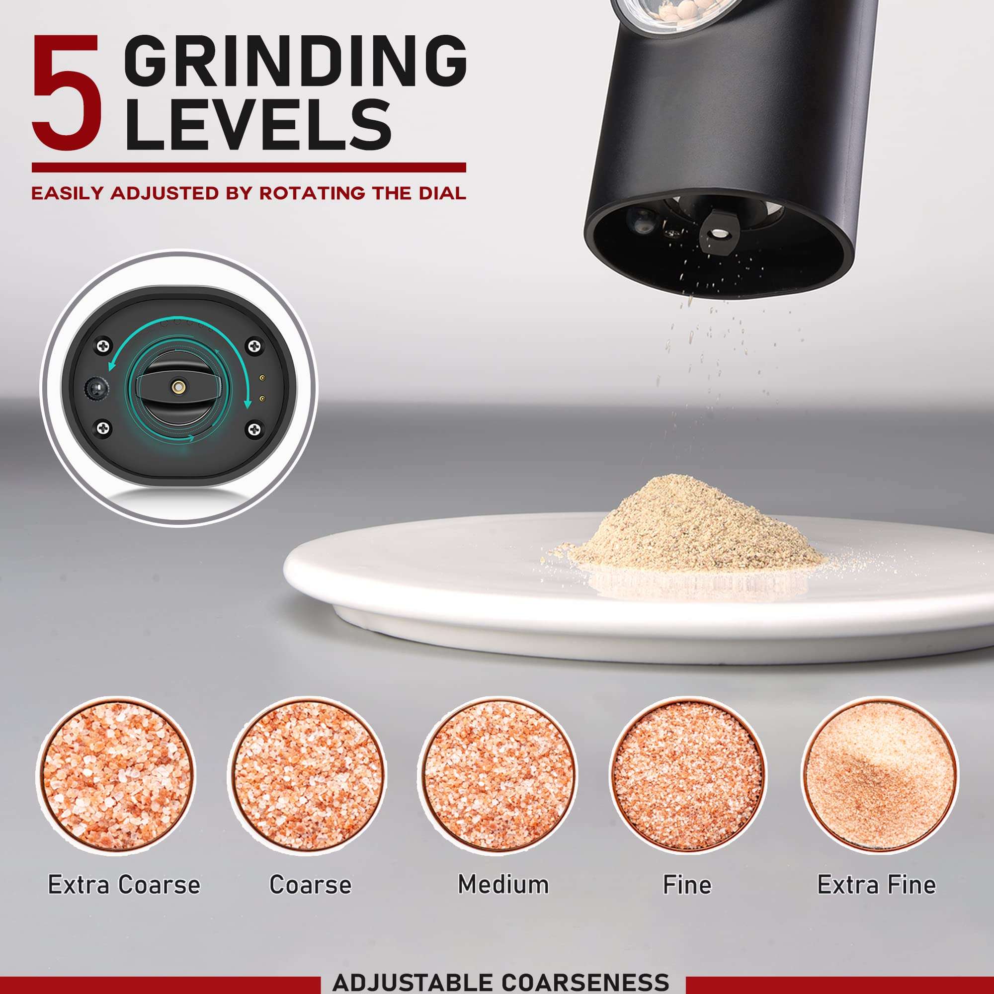Electric Salt and Pepper Grinder Set of 2, Automatic Pepper Mill,USB Rechargeable, Adjustable Coarseness, One-handed Operation, Ceramic Burr, Refillable, Auto Grinders with Charging Base LED Light - Image 5