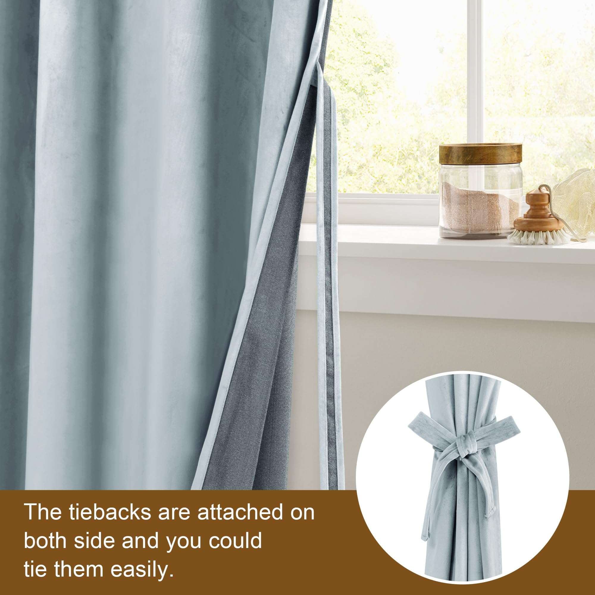 DWCN Velvet Curtains - 96 Inches Long Super Soft Luxury Tieable Window Treatments Room Darkening Privacy Protect Blackout Drapes for Bedroom Living Room Home Decor, Stone Blue, W52 x L96, 2 Panels - Image 4
