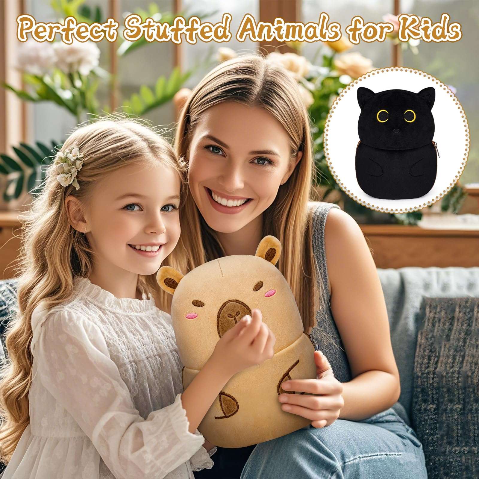 Leokawin Black Cat Capybara Plush Pillows,Black Cat Stuffed Animal Reversible Cuddle Capybara Plush with Zipper,8in Capybara Stuffed Cat Plushies Toys Gifts for Kids Boys Girls - Image 3