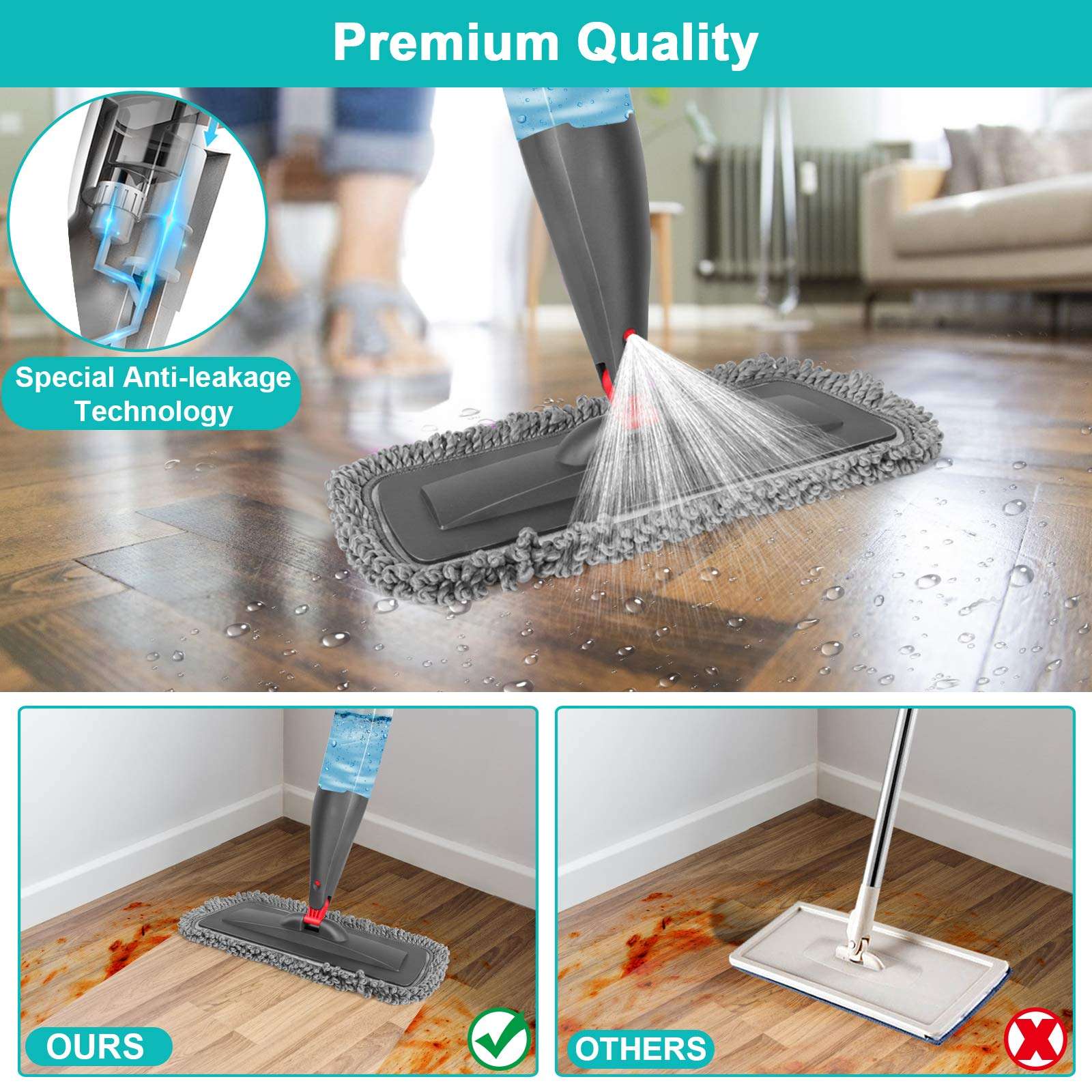 Spray Mop for Floor Cleaning with 3pcs Washable Pads - Wet Dry Microfiber Mop with 800 ml Refillable Bottle for Kitchen Wood Floor Hardwood Laminate Ceramic Tiles Floors Dust Cleaning - Image 3