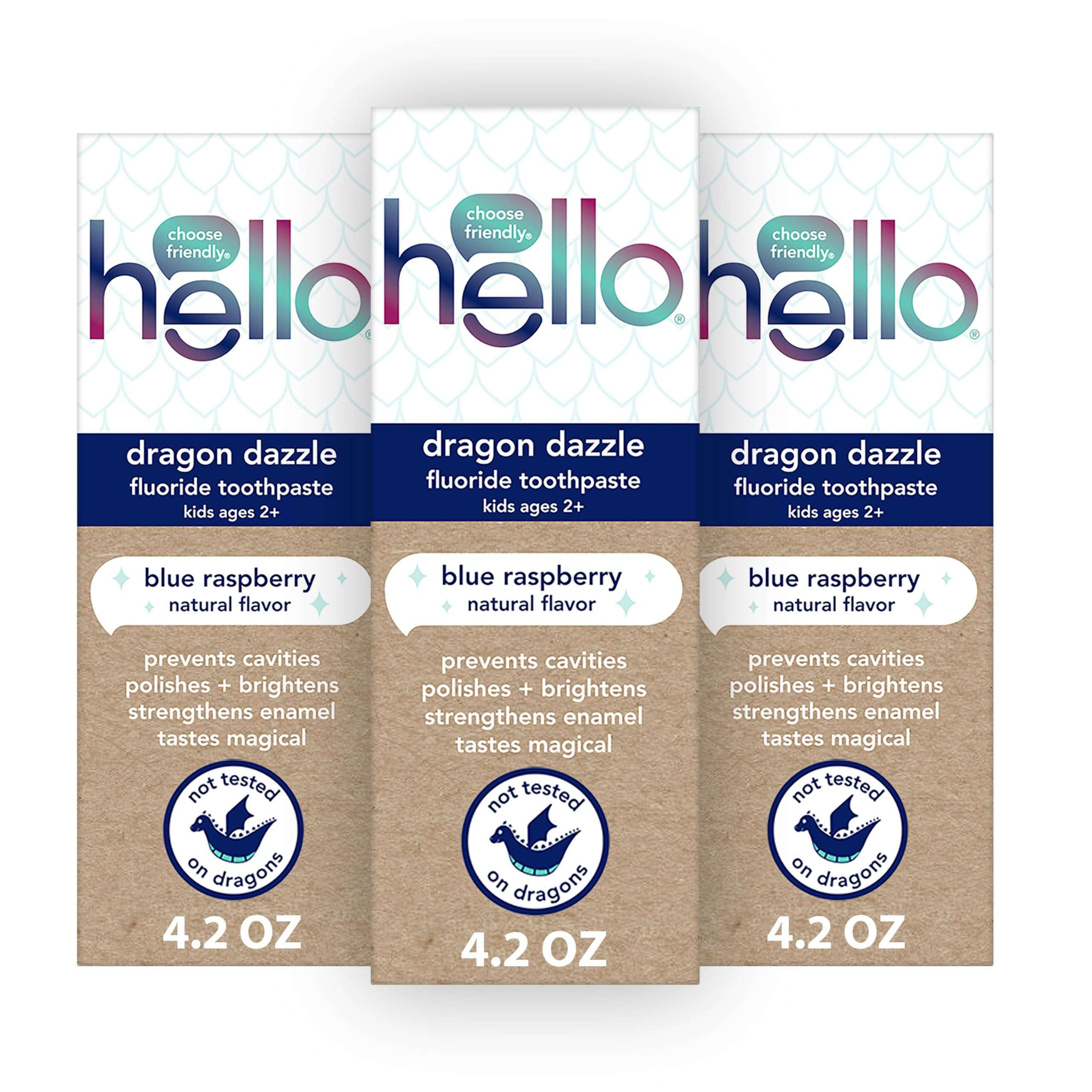 hello Dragon Dazzle Blue Raspberry Kids Toothpaste, Fluoride Toothpaste, Ages 2+, No Artificial Sweeteners, No SLS, Gluten Free, Vegan, Pack of 3, 4.2 OZ Tubes - Image 1