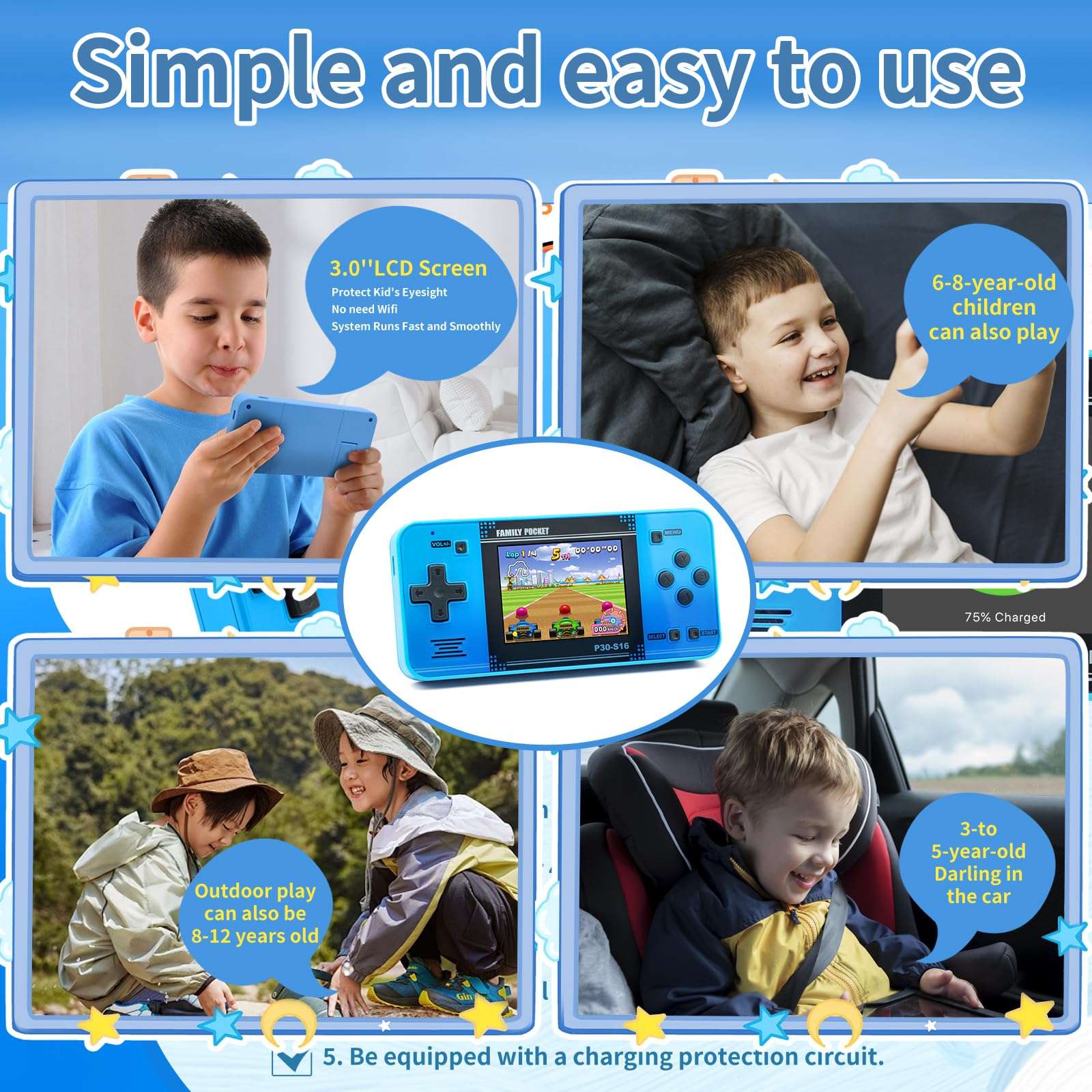 Handheld Game for Kids -Preloaded 220 Retro Video Games, Portable Gaming Player with Rechargeable Battery 3.0" LCD Screen, Mini Arcade Electronic Toy Gifts for Boys Girls (Blue) - Image 5
