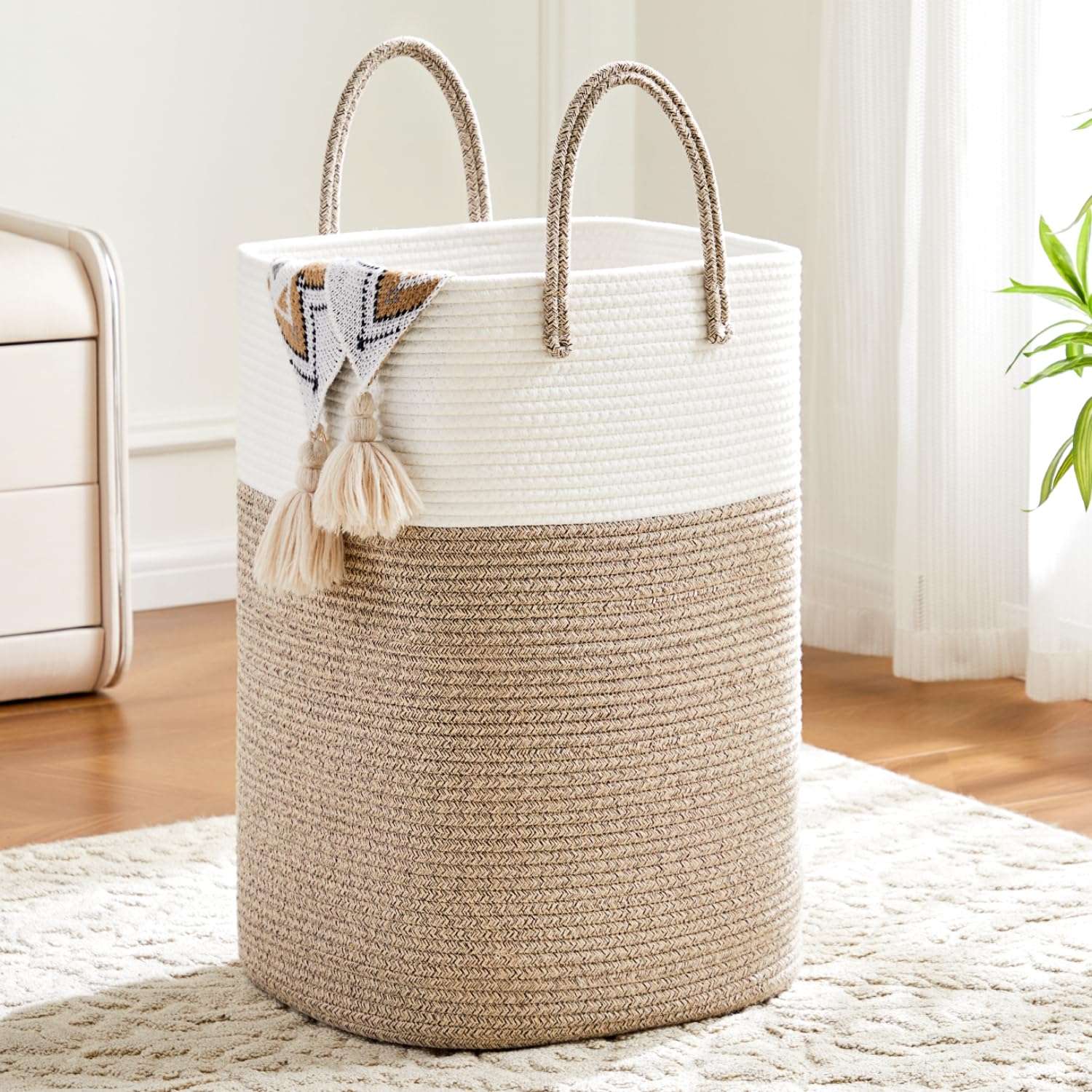 Laundry Basket,Woven Cotton Rope Laundry Hamper,Versatile Storage for Dirty Clothes,Baby Toys,and Blankets in Bathroom, Nursery,and Living Room (Brown, 60L) - Image 1