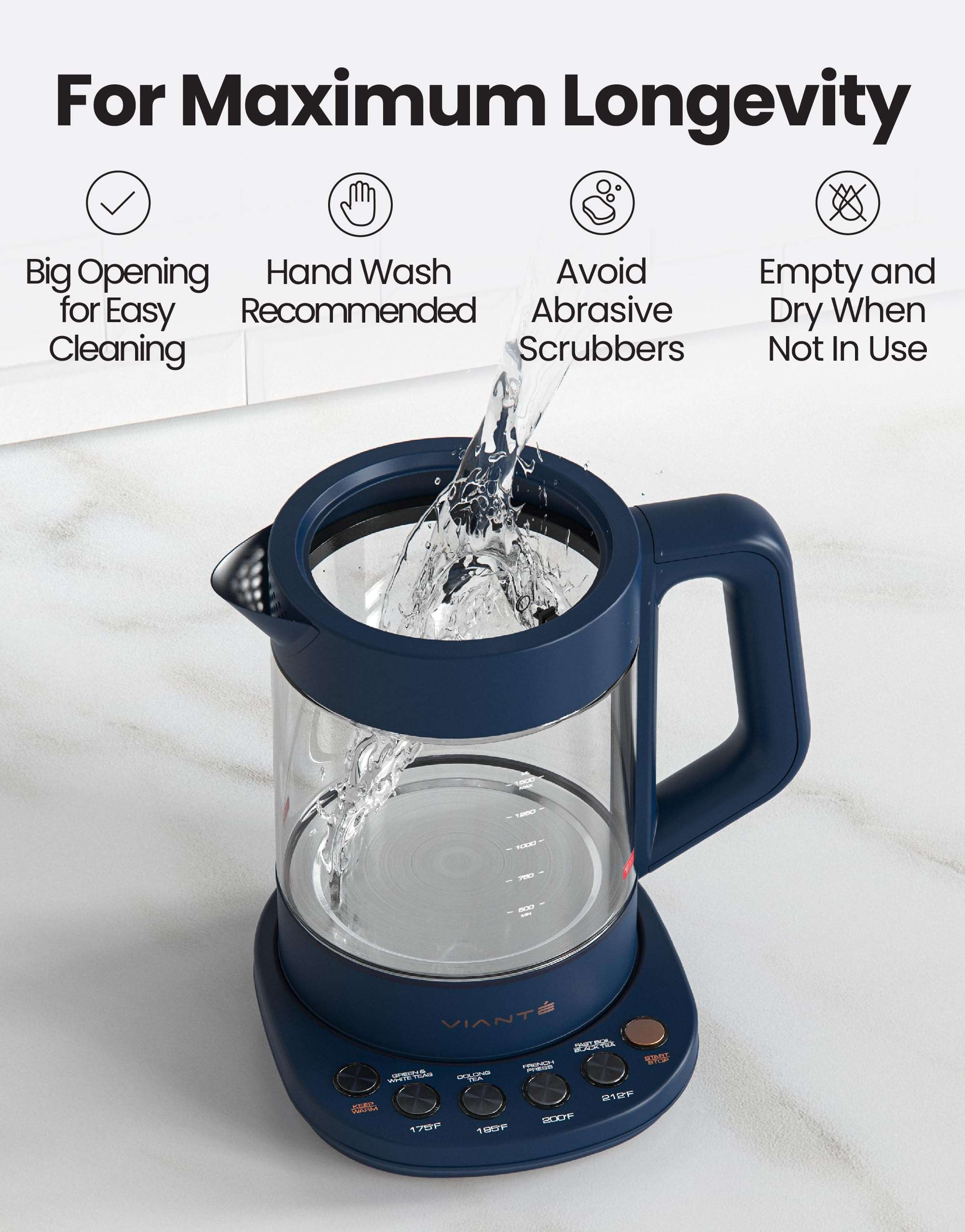Vianté Electric Kettle With Infuser For Loose Leaf Tea. Hot Tea Maker With Temperature Control And Automatic Shut Off. Kettle With Brewing Programs. 1.5 Liters Capacity | Midnight Blue Color - Image 8