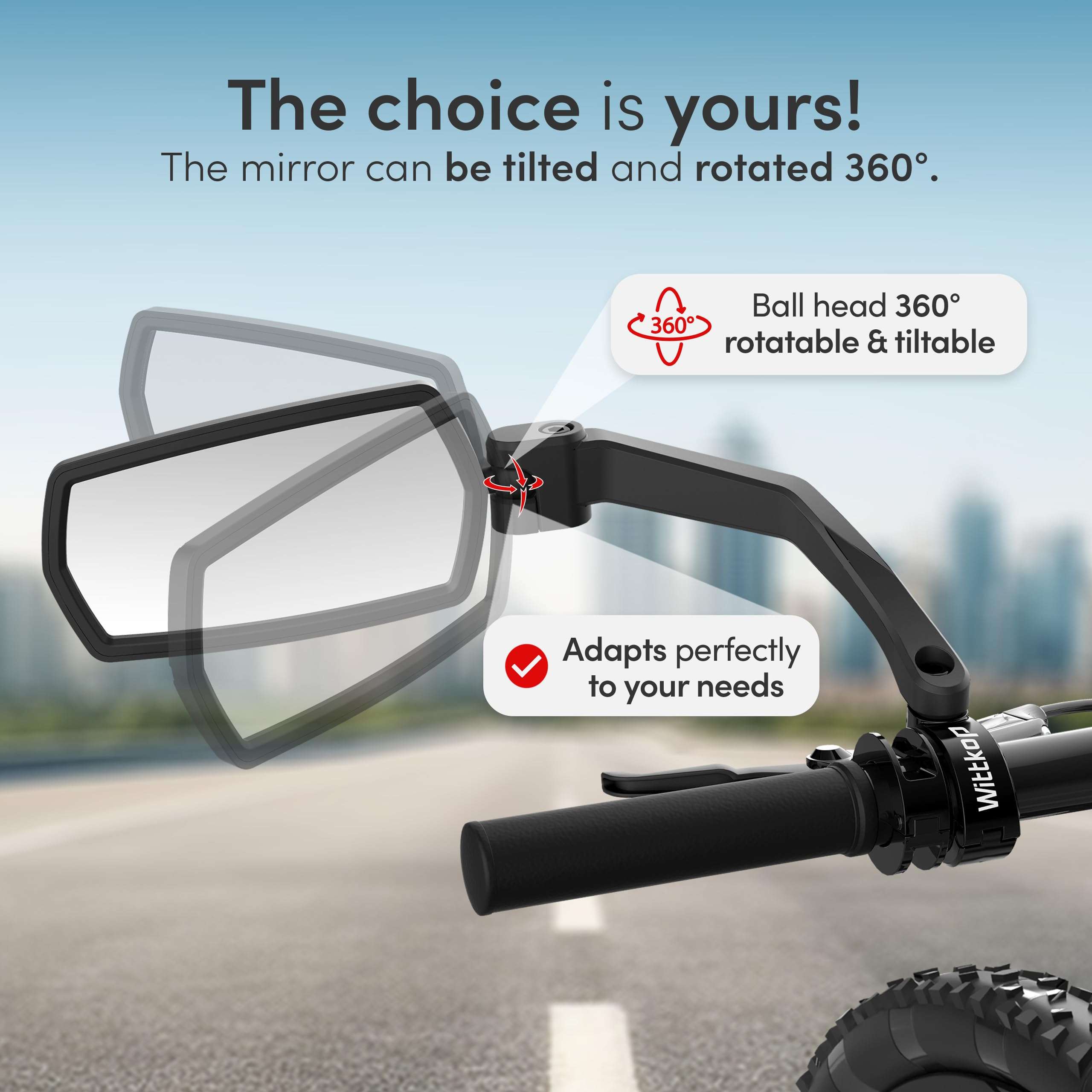 WITTKOP Bike mirror | Large HD field of vision | 360° rotatable & foldable | Mounting above & below | Break-proof & durable | ebike accessories, bike mirror handlebar mount, bicycle mirrors - Image 5