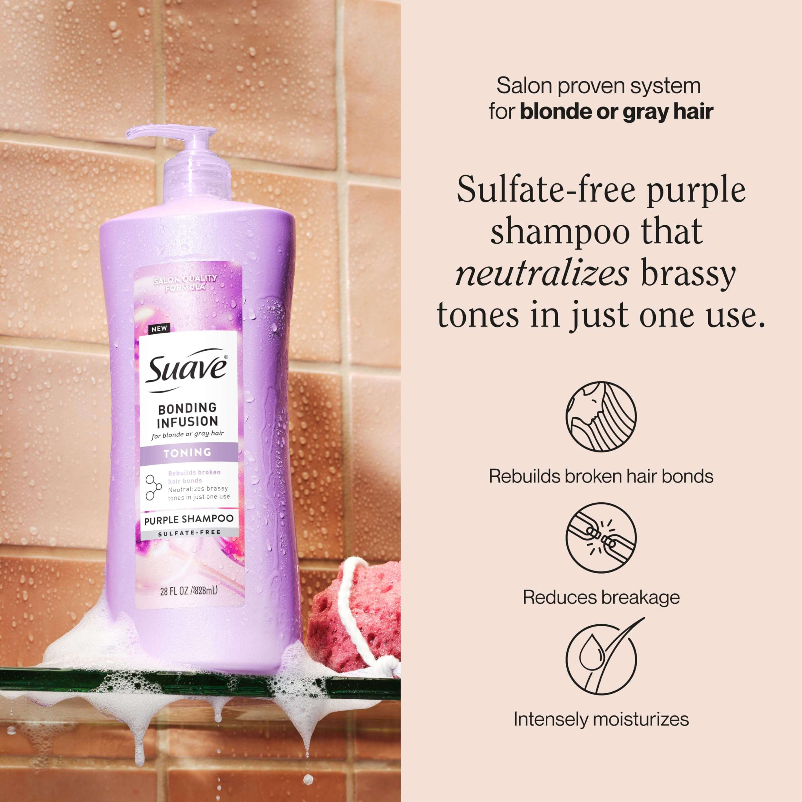 Suave 4 Pack Bonding Infusion Purple Toning Shampoo, 28oz Pump | for Neutralizing Brassy Tones in Blonde or Gray Hair | & Repairing Broken Hair Bonds - Image 2