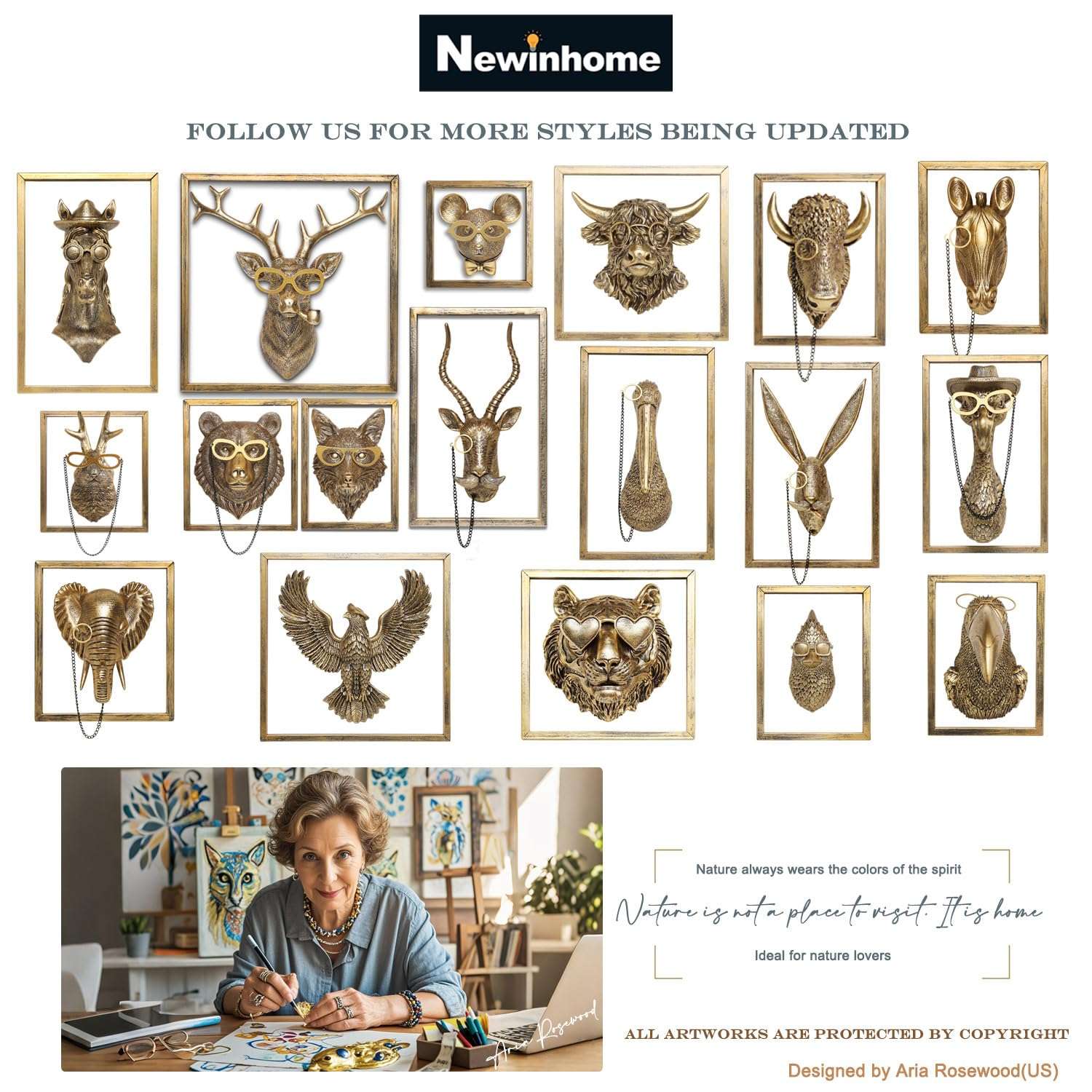 Animal Heads Wall Decor (5pcs, Includes Metal Frame) Resin Animals Sculptures Head Wall Hanging Decoration Gold vintage Wall Sculpture for Living Room Bedroom Office - Image 6