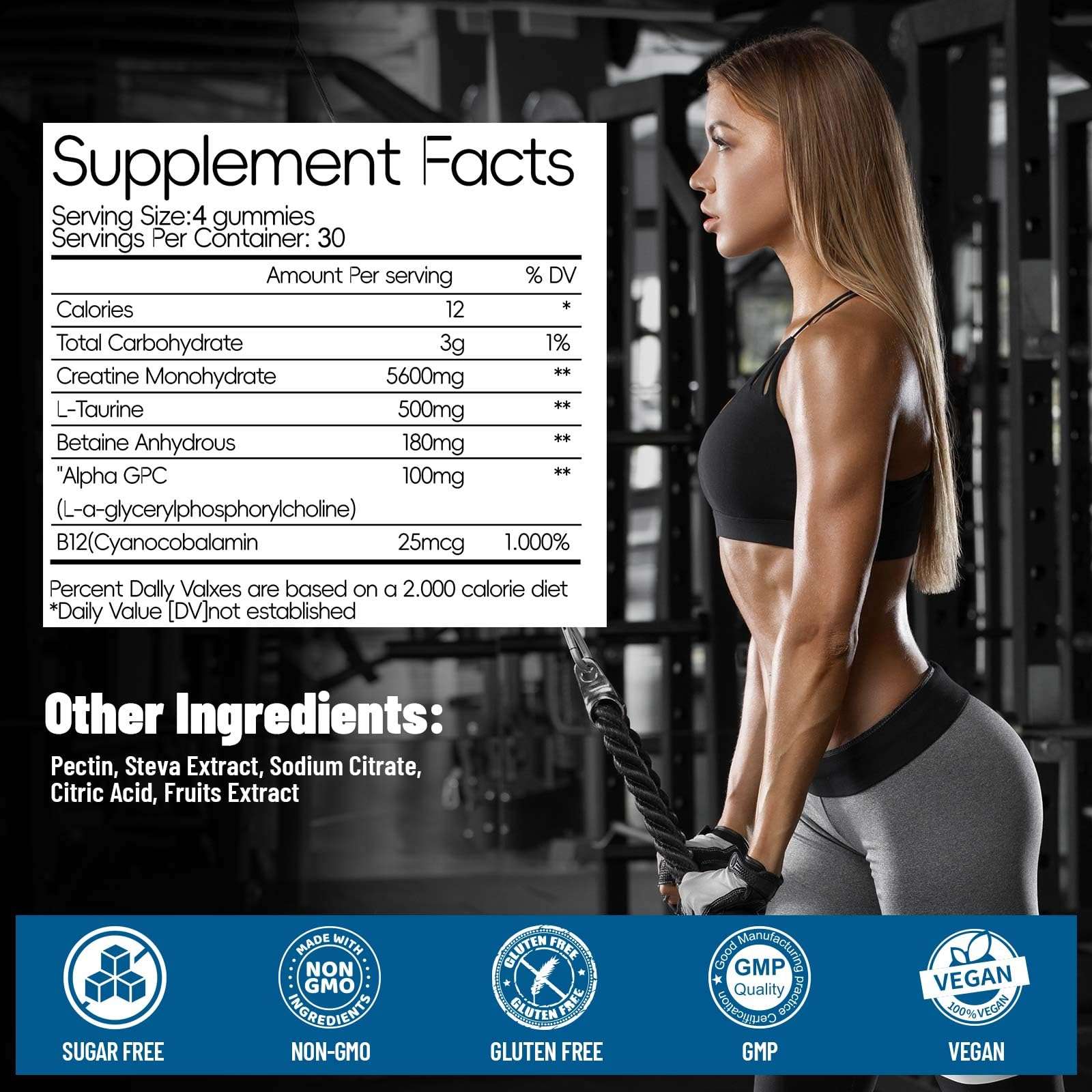 Creatine Monohydrate Gummies for Men & Women 120 CT - 5600mg of Creatine Monohydrate per Serving, Chewable Creatine Monohydrate for Muscle Support & Energy Boost, Sugar Free, Vegan (Blueberry Flavor) - Image 2