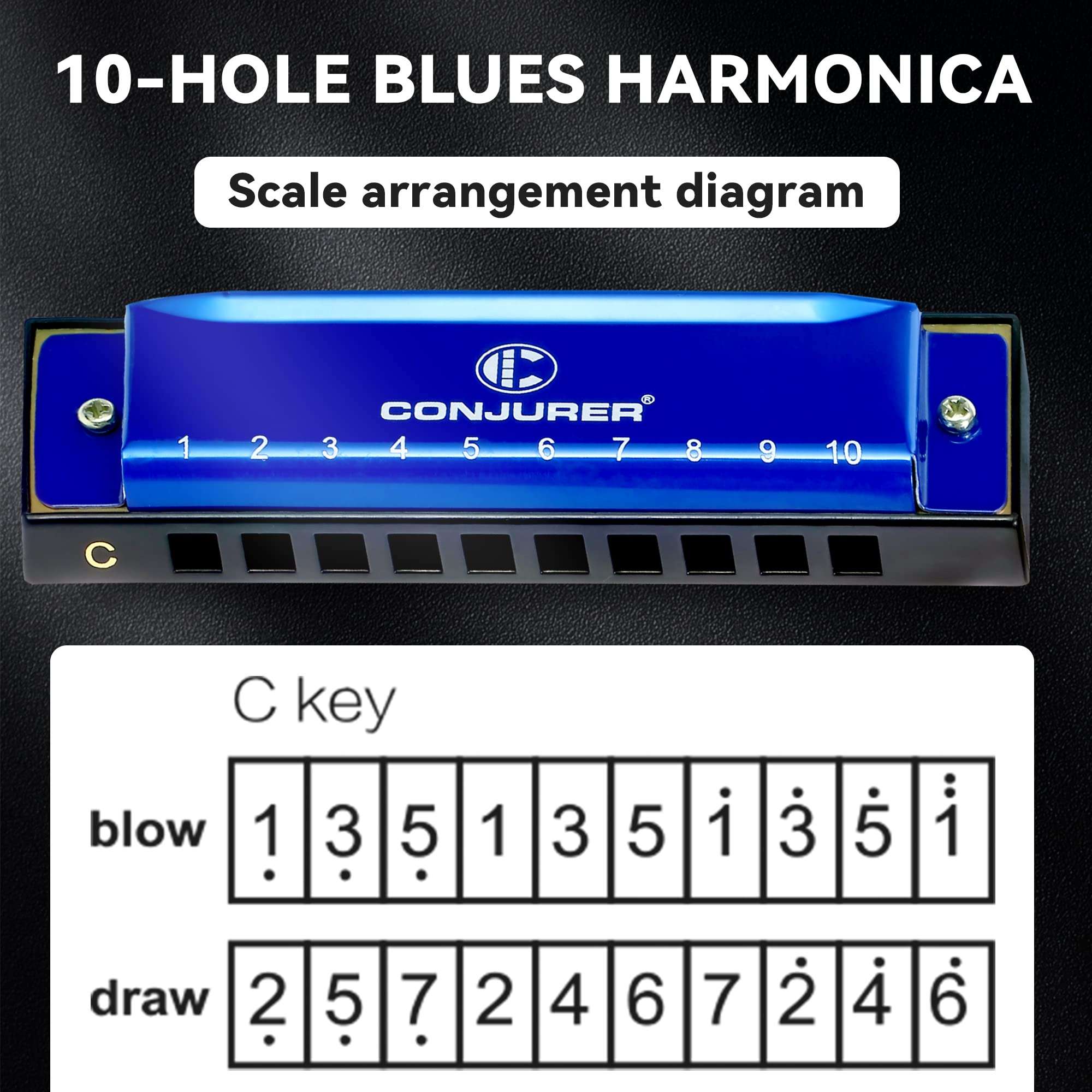 CONJURER Blues Harmonica for Kids Adult Beginners 10 Hole Diatonic Harmonica Key of C, Brass Reed Metal Mouth Organ C Key Blues Harp with Case, Blue - Image 6